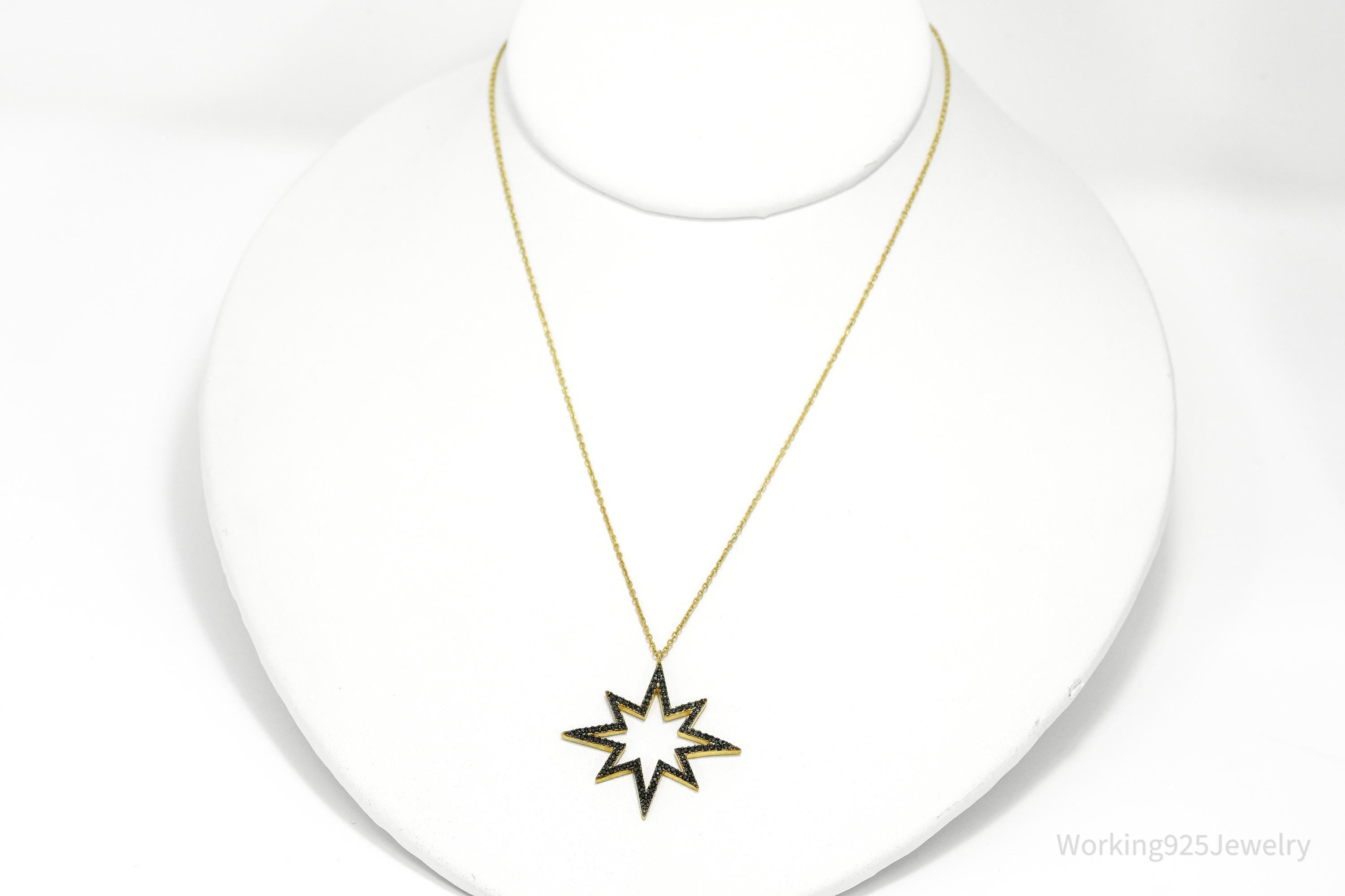 Vintage Pave Black Spinel Star Gold Vermeil Sterling Silver Necklace 17"