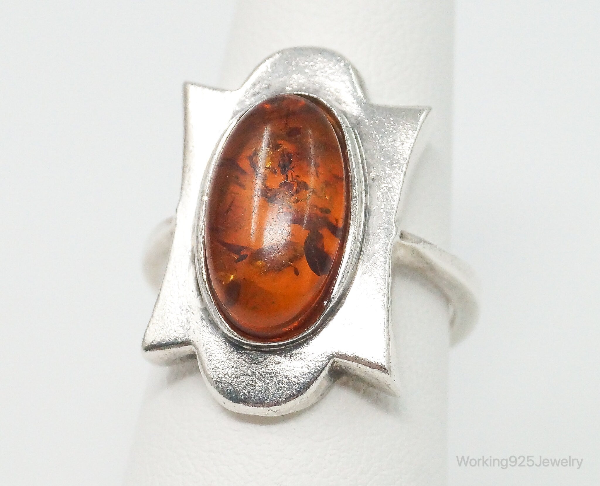 Vintage Large Baltic Amber Sterling Silver Ring - Size 6.75