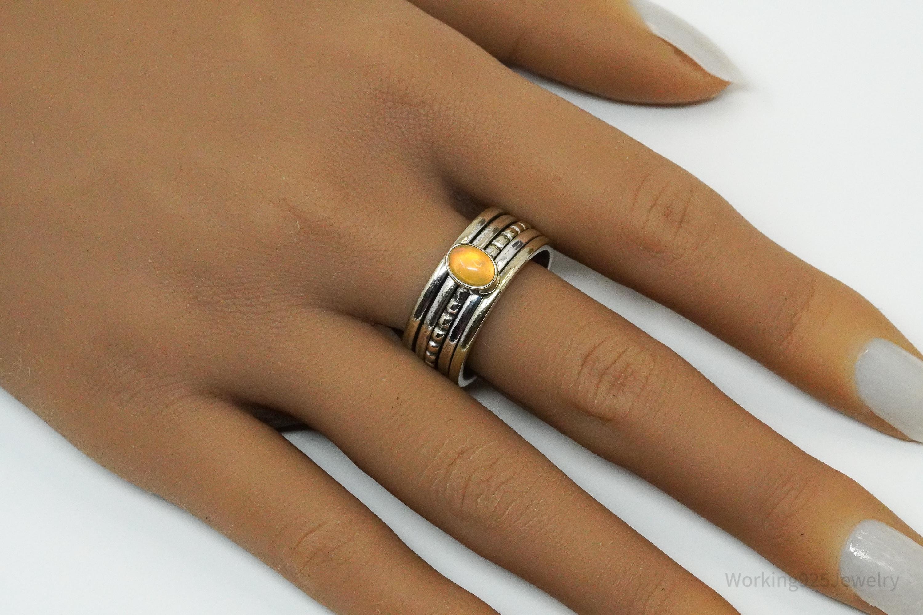 Vintage Opal Gold Wash & Sterling Silver Spinner Band Ring- Size 10.75