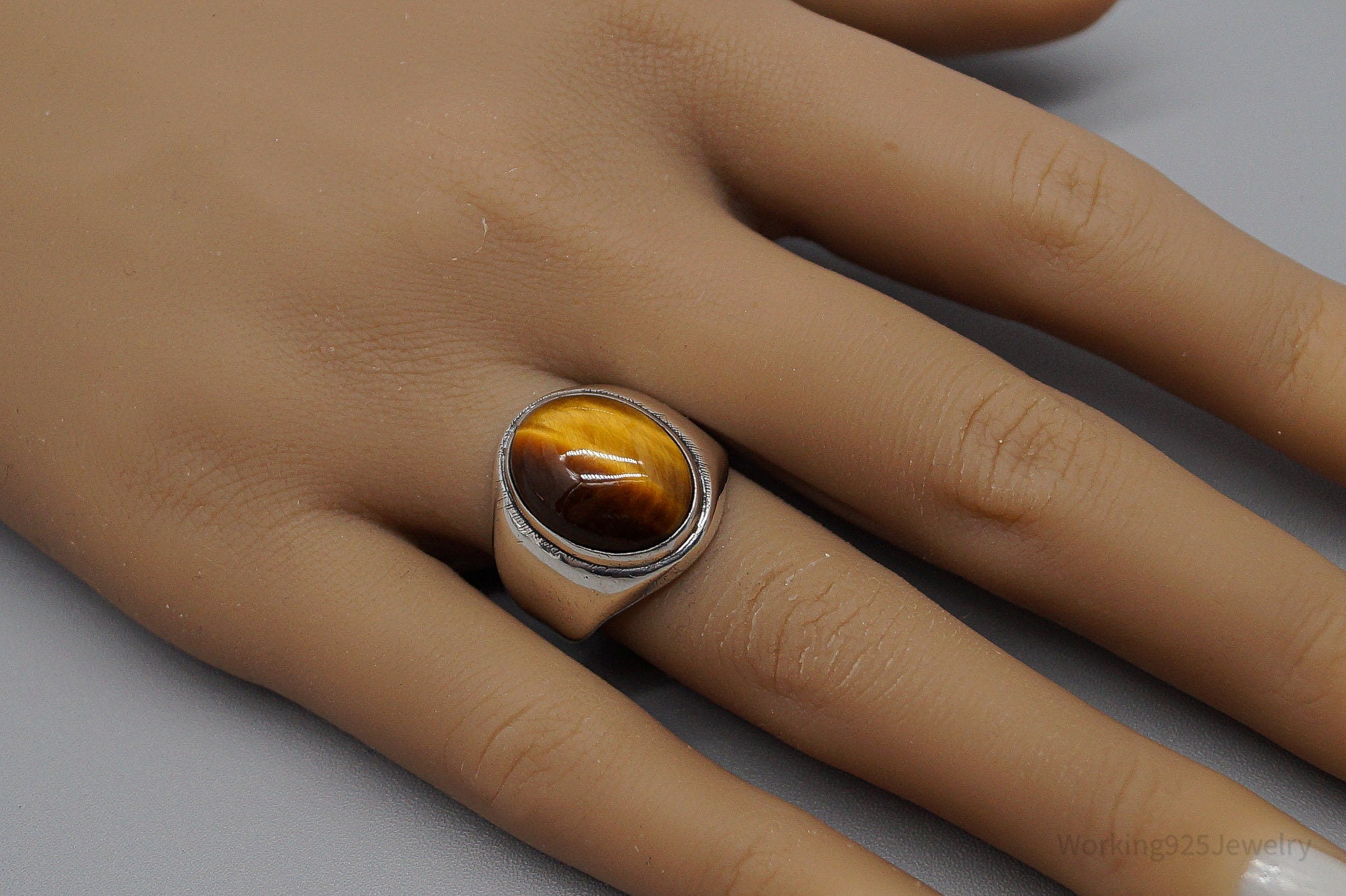 Antique Large Tigers Eye Sterling Silver Ring - Size 8