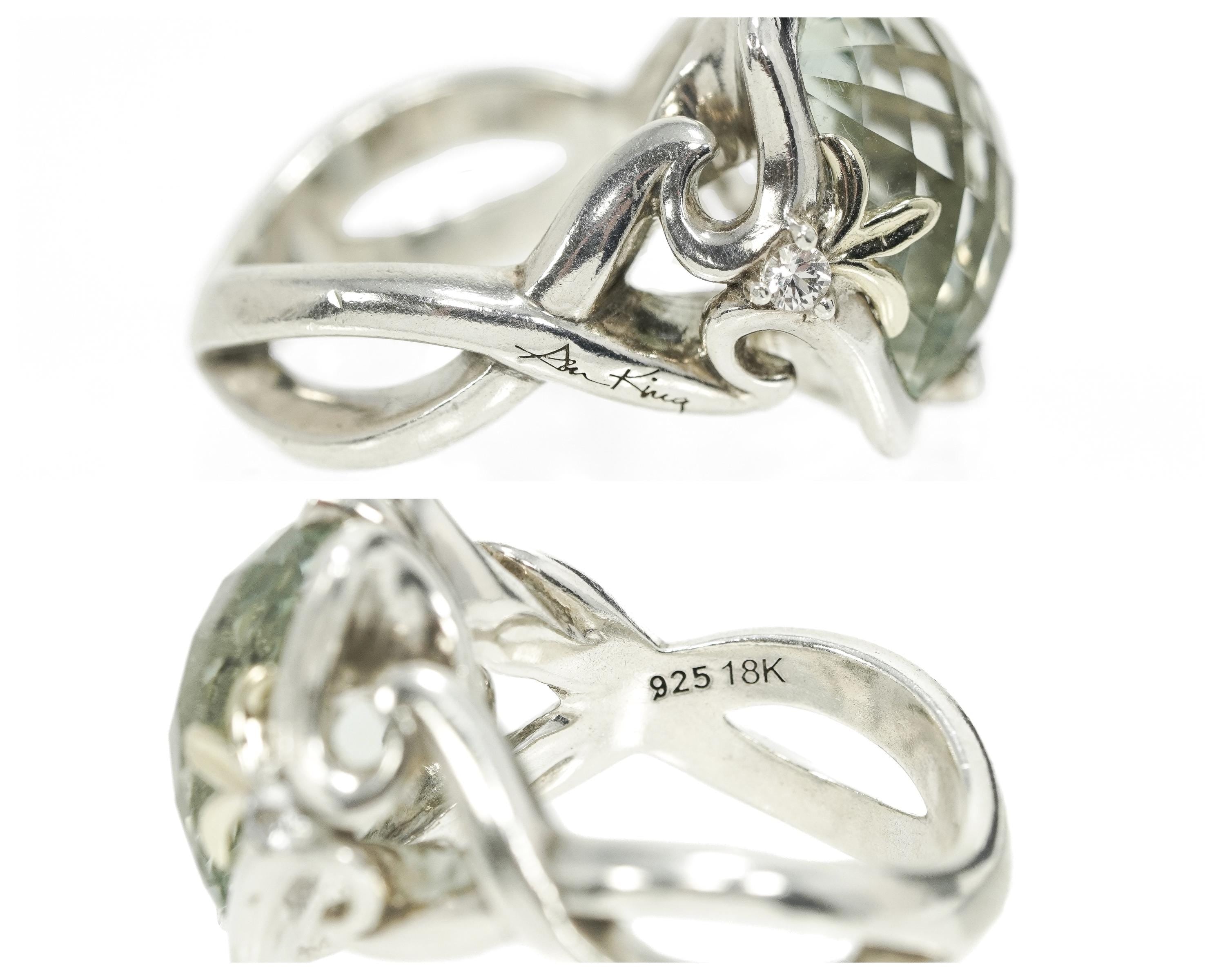 Retired Ann King Prasiolite & White Zircon 18K Gold Sterling Silver Ring Size 7