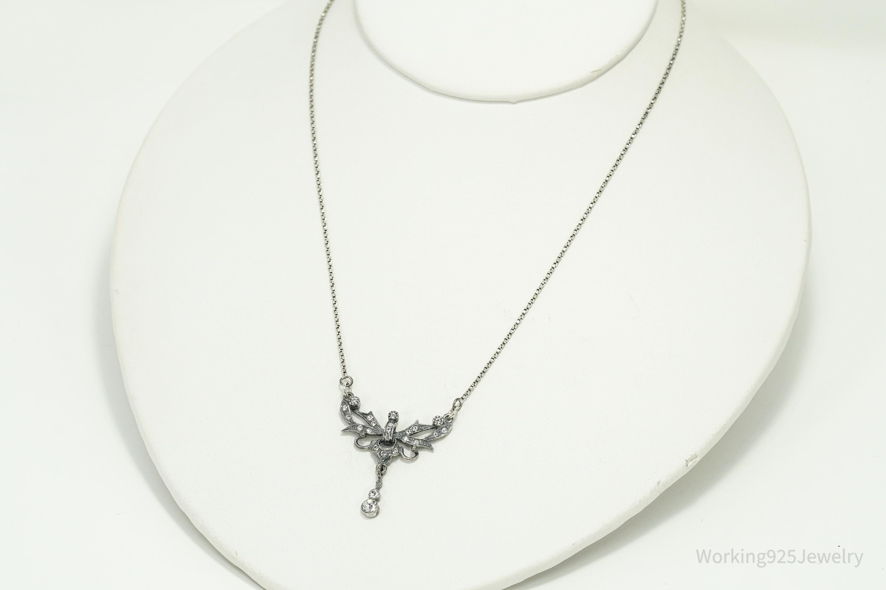 Vintage Art Nouveau Style Crystal Sterling Silver Necklace 15"