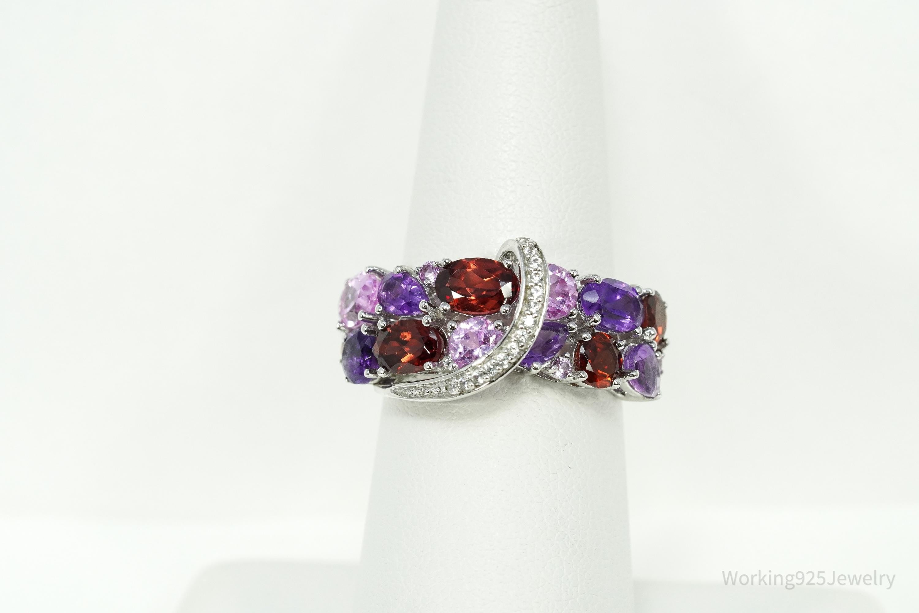 Multi-Shape Garnet, Amethyst, Pink & White Sapphire Sterling Silver Ring Size 7