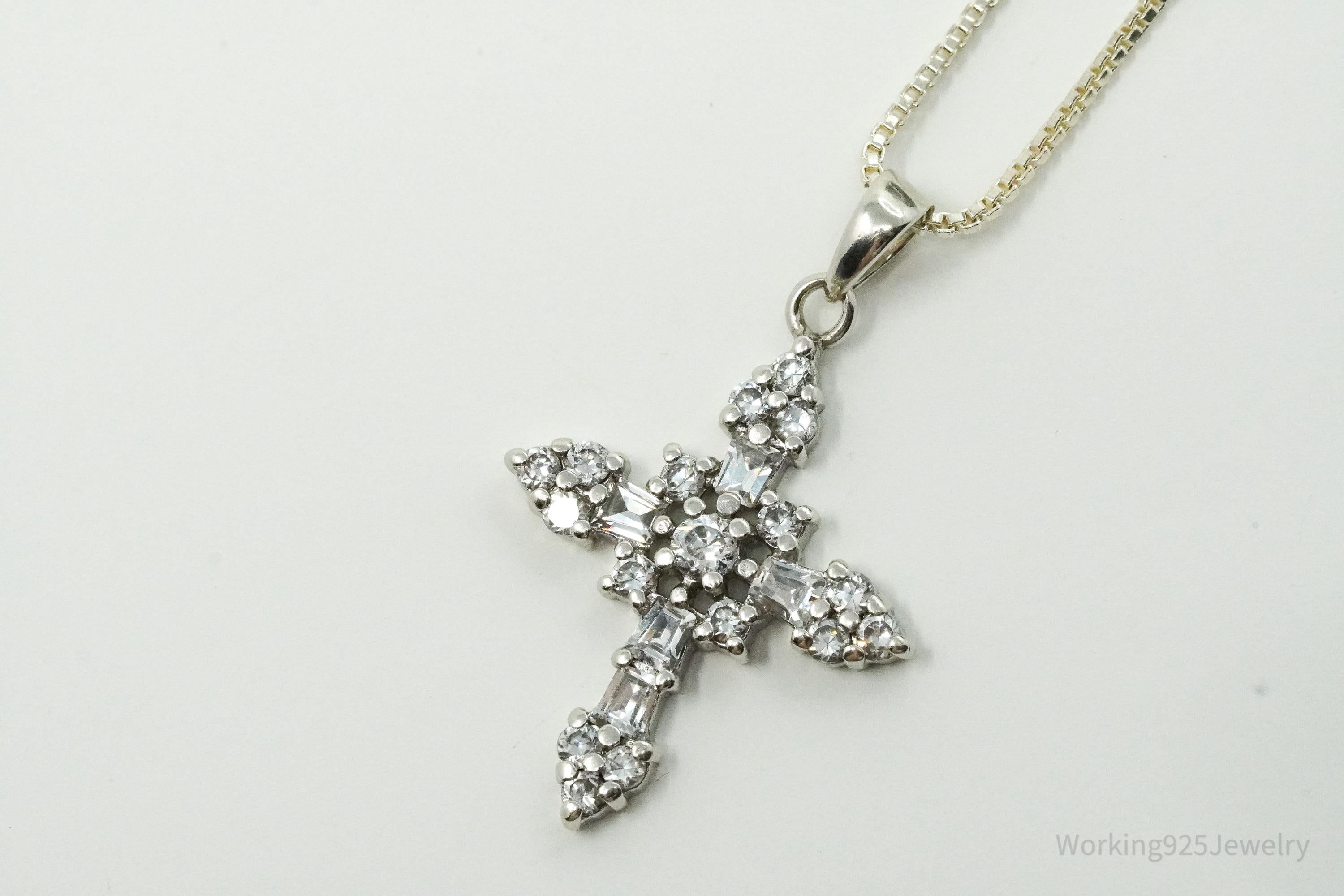 Vintage Cubic Zirconia Cross Sterling Silver Necklace 18"