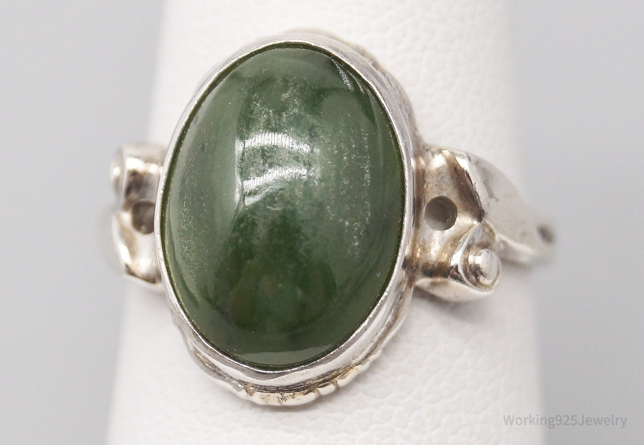 Antique Designer Clark & Coombs Nephrite Jade Sterling Silver Ring - Size 7.75