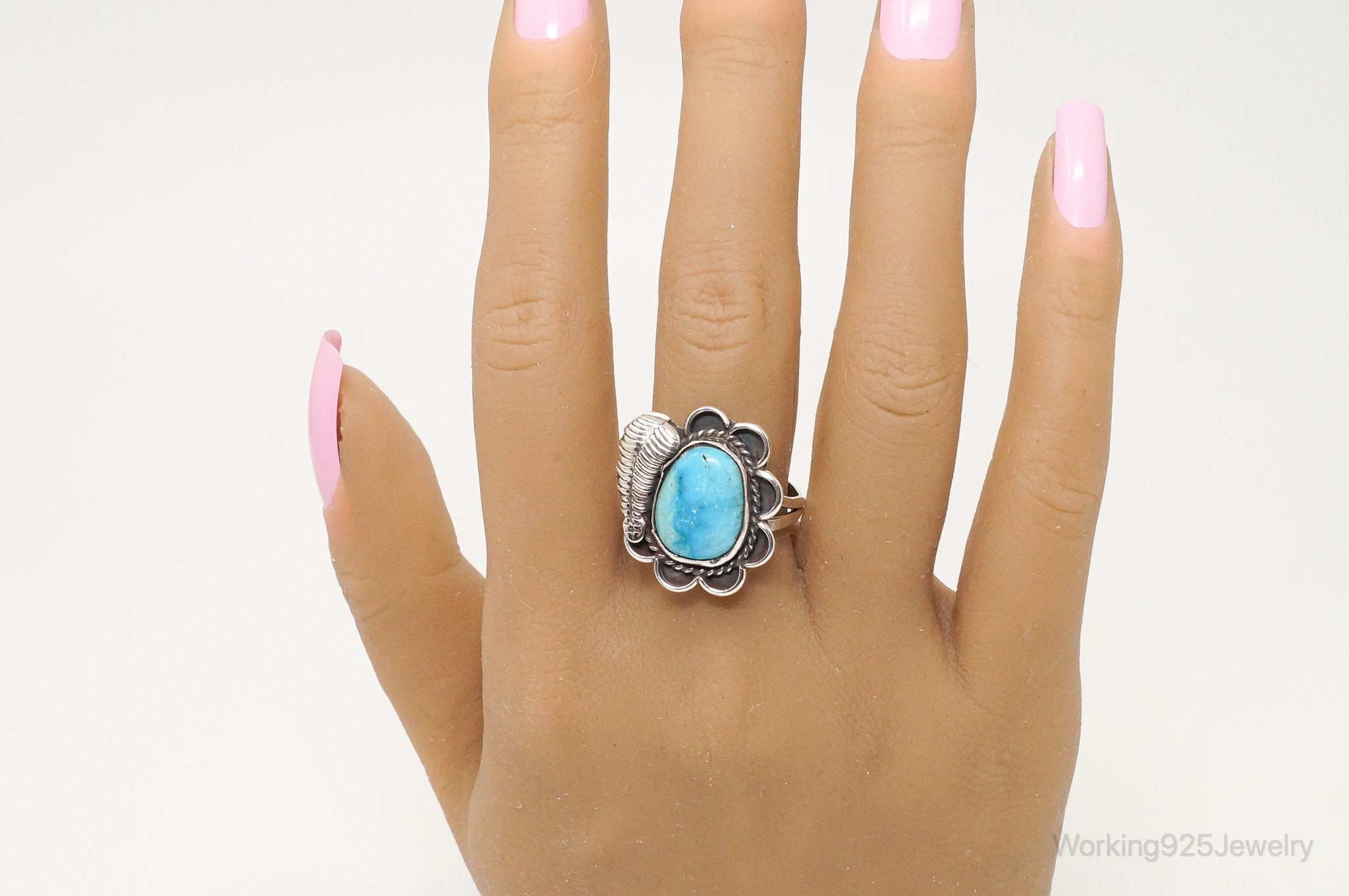 Vintage Native American Blue Turquoise Unsigned Sterling Silver Ring - Sz 9.25