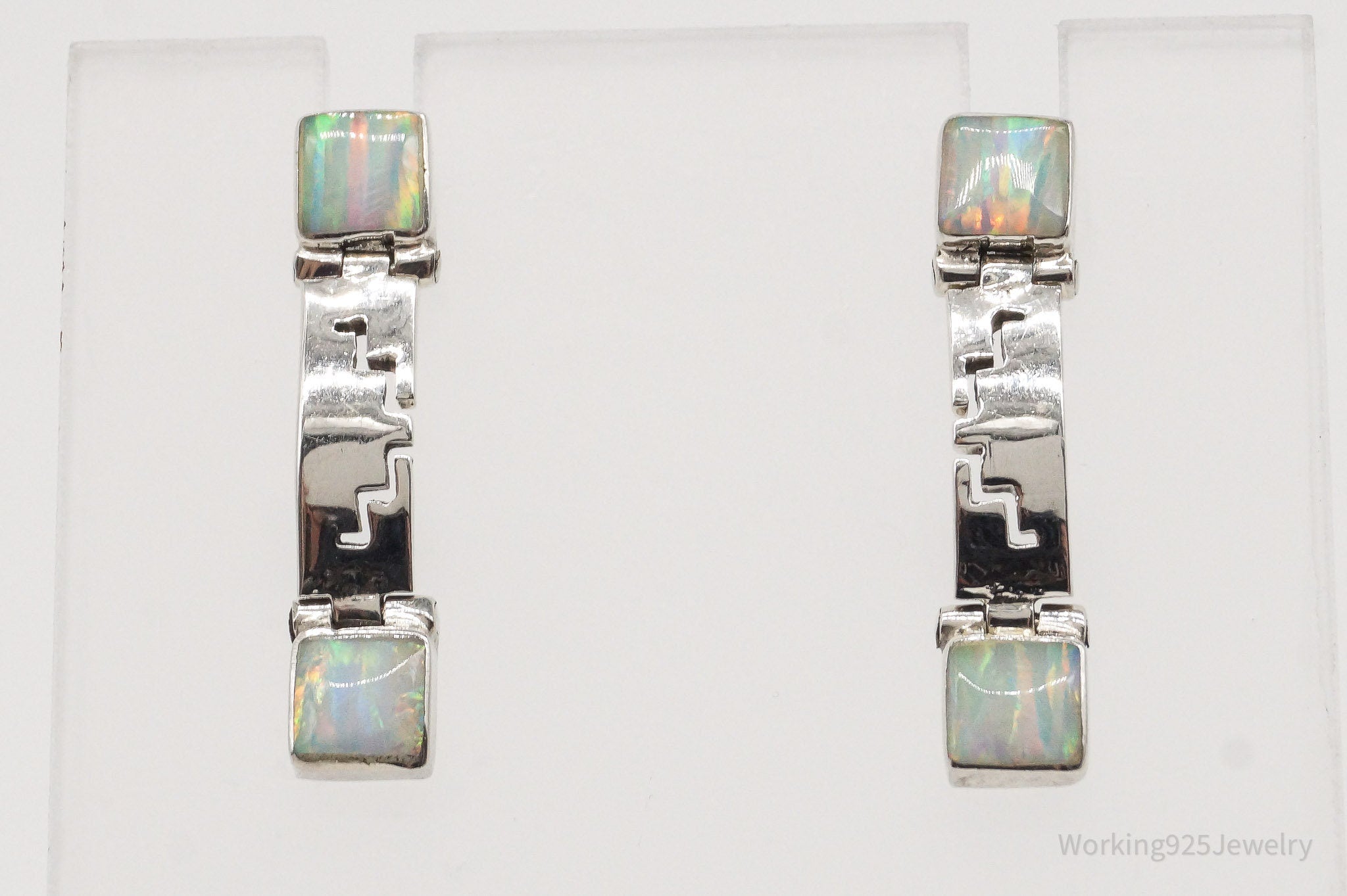 Vintage Mexican White Opal Aztec 950 Silver Earrings