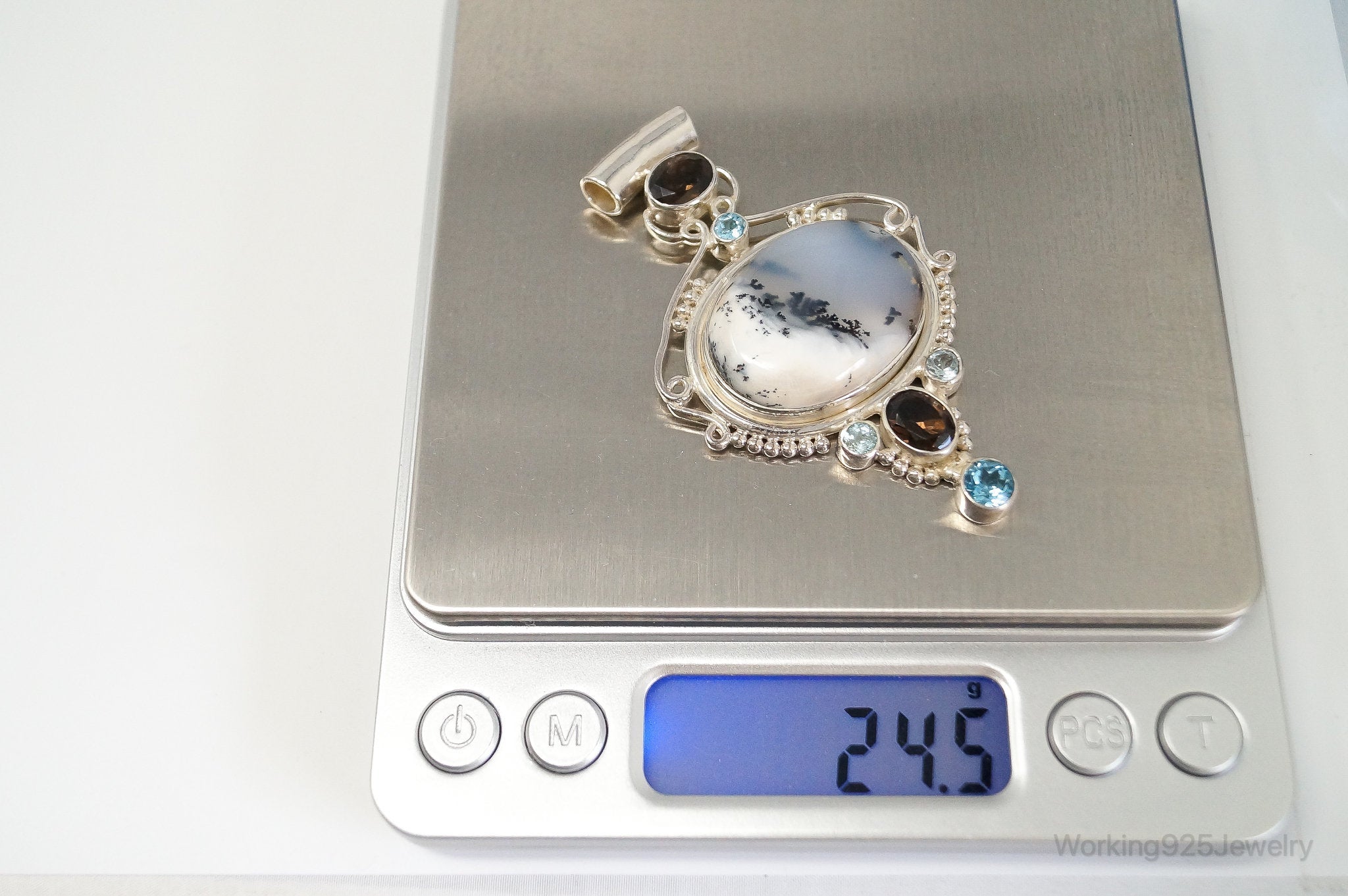 Large SAJEN Dendritic Agate Smoky Topaz Blue Topaz Sterling Silver Pendant