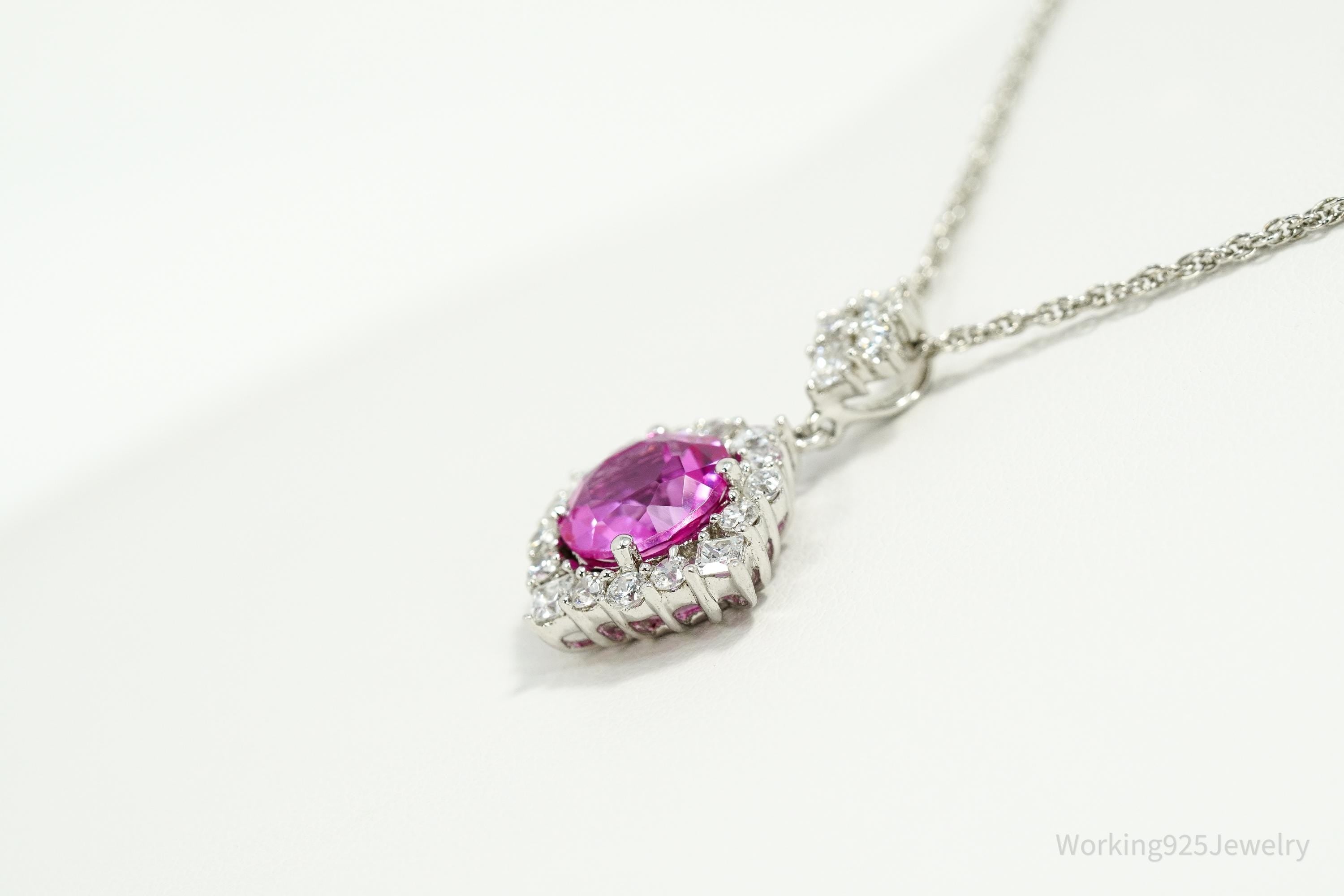 Vintage Synthetic Pink Sapphire & Cubic Zirconia Sterling Silver Necklace 18"