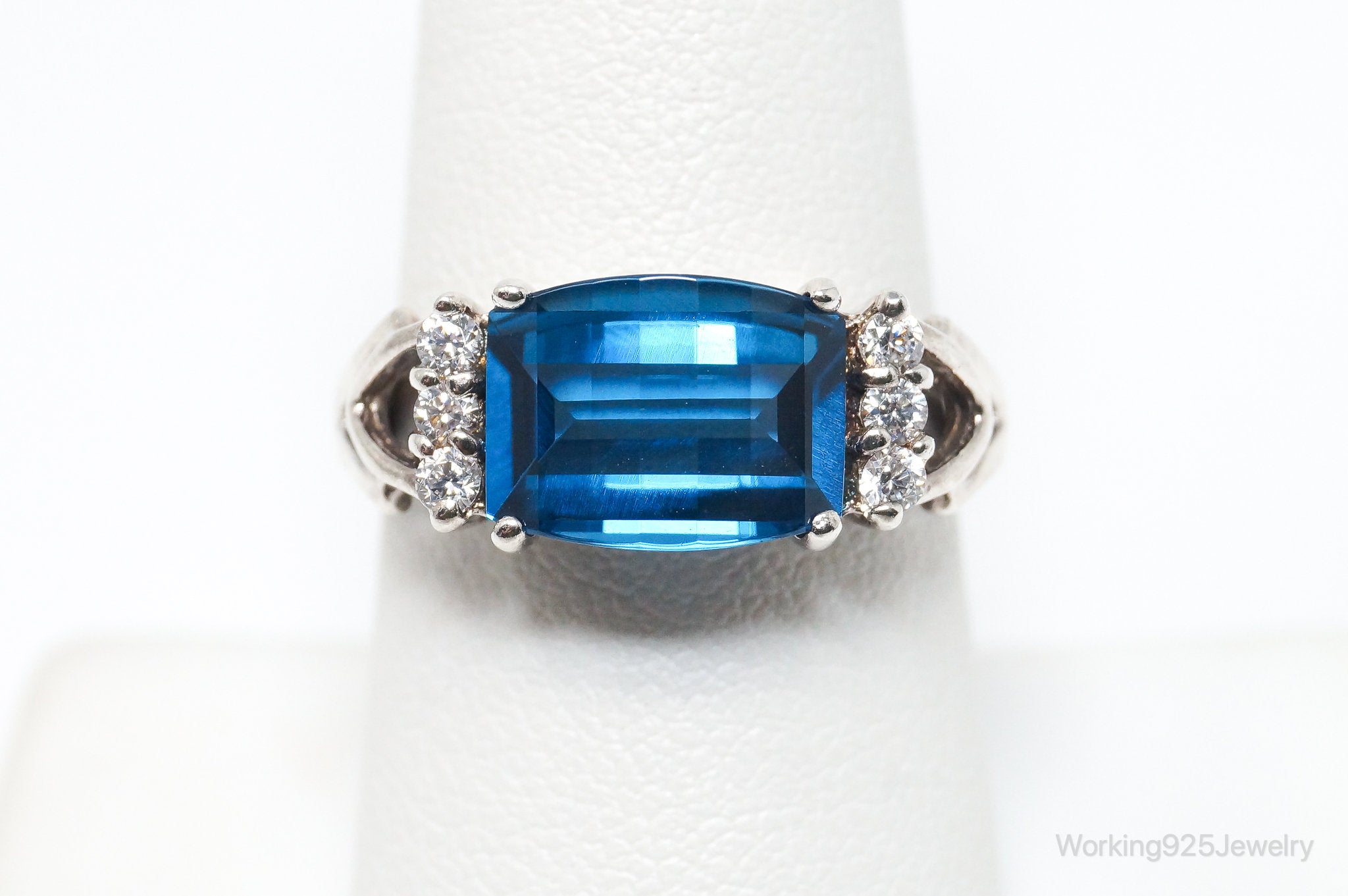 Vintage Art Deco Style Blue Diamonique Cubic Zirconia Sterling Silver Ring SZ 8