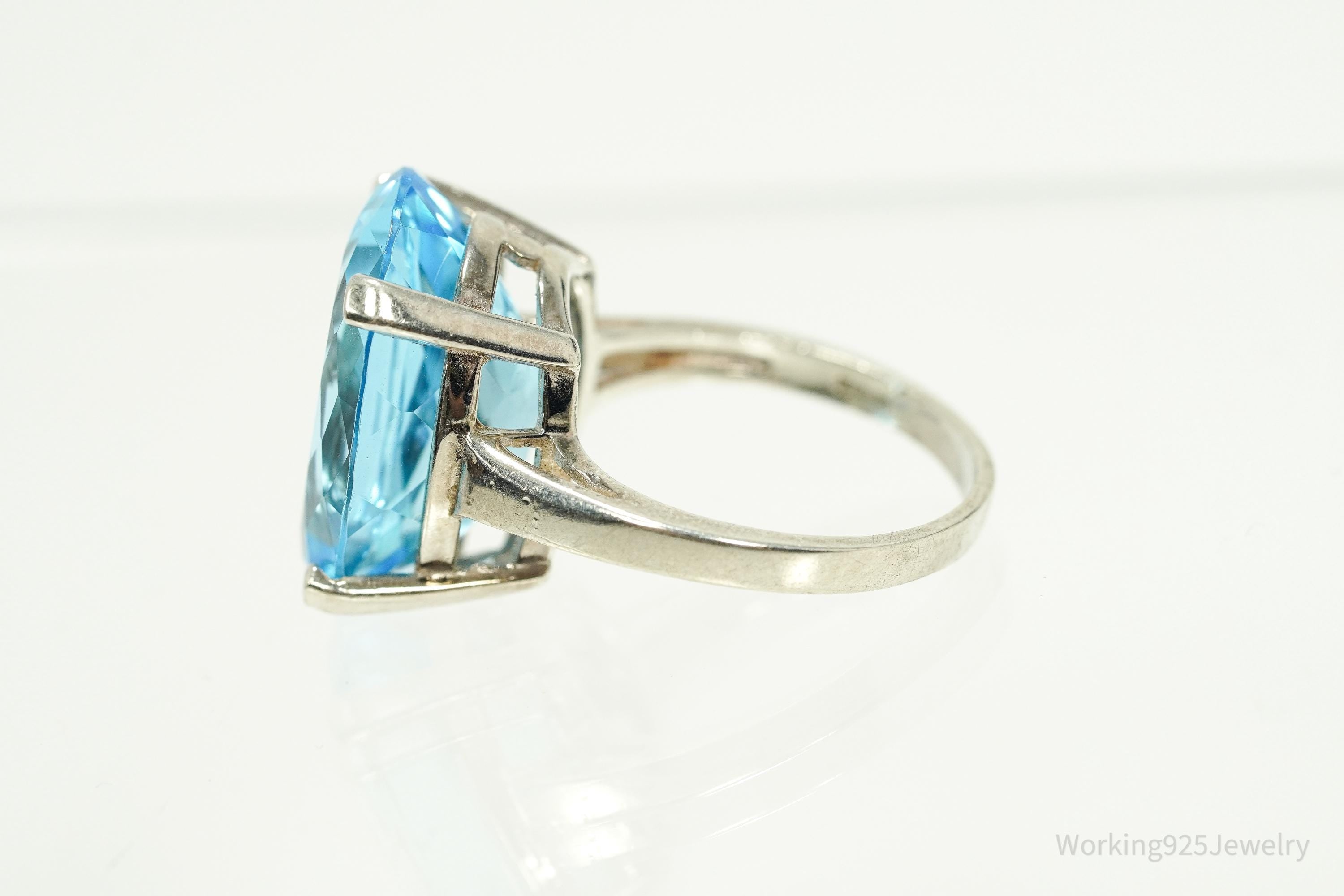 Vintage Large Blue Topaz Sterling Silver Ring - Size 8