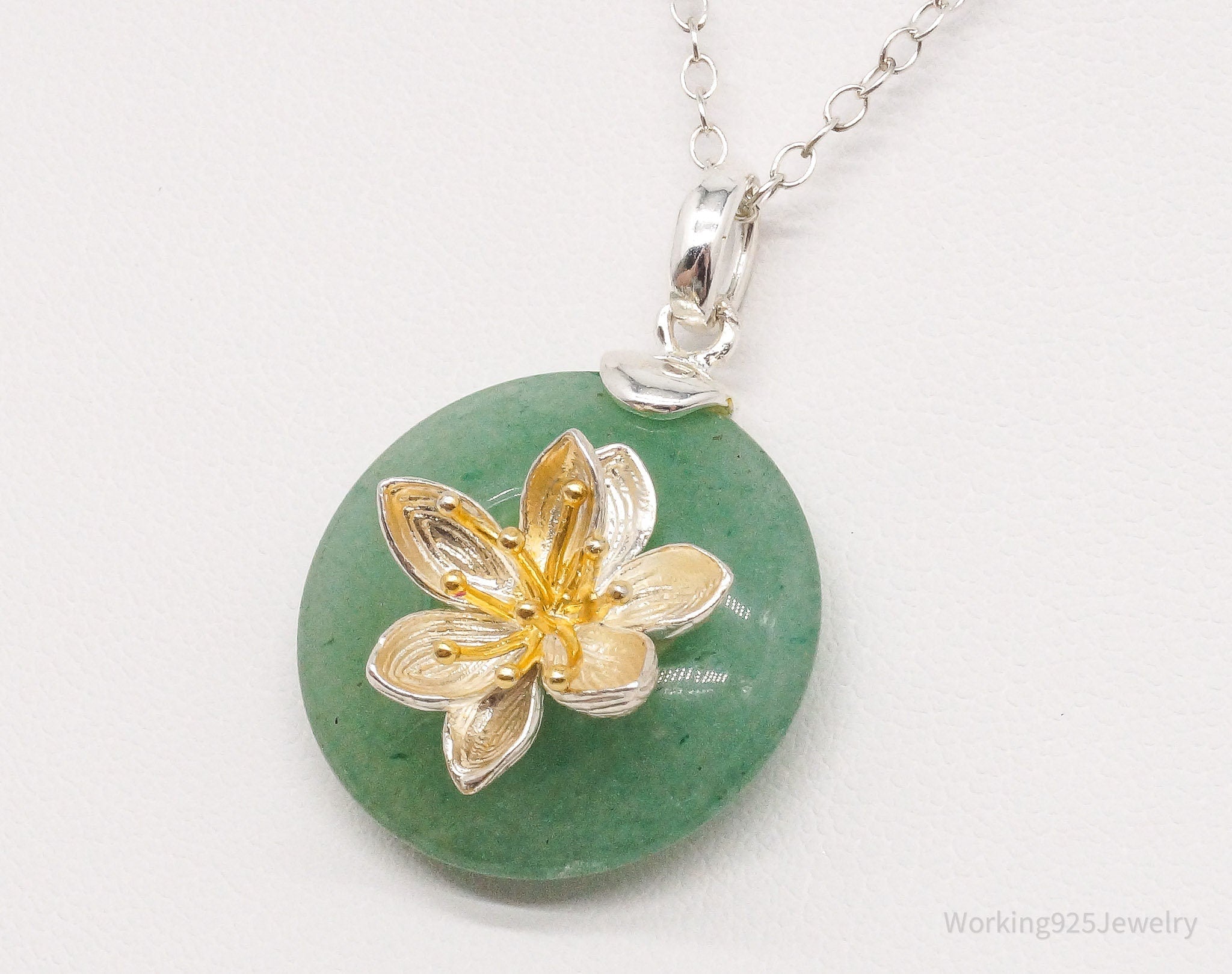 Vintage Green Jade Gold Vermeil Flower Sterling Silver Necklace 18"