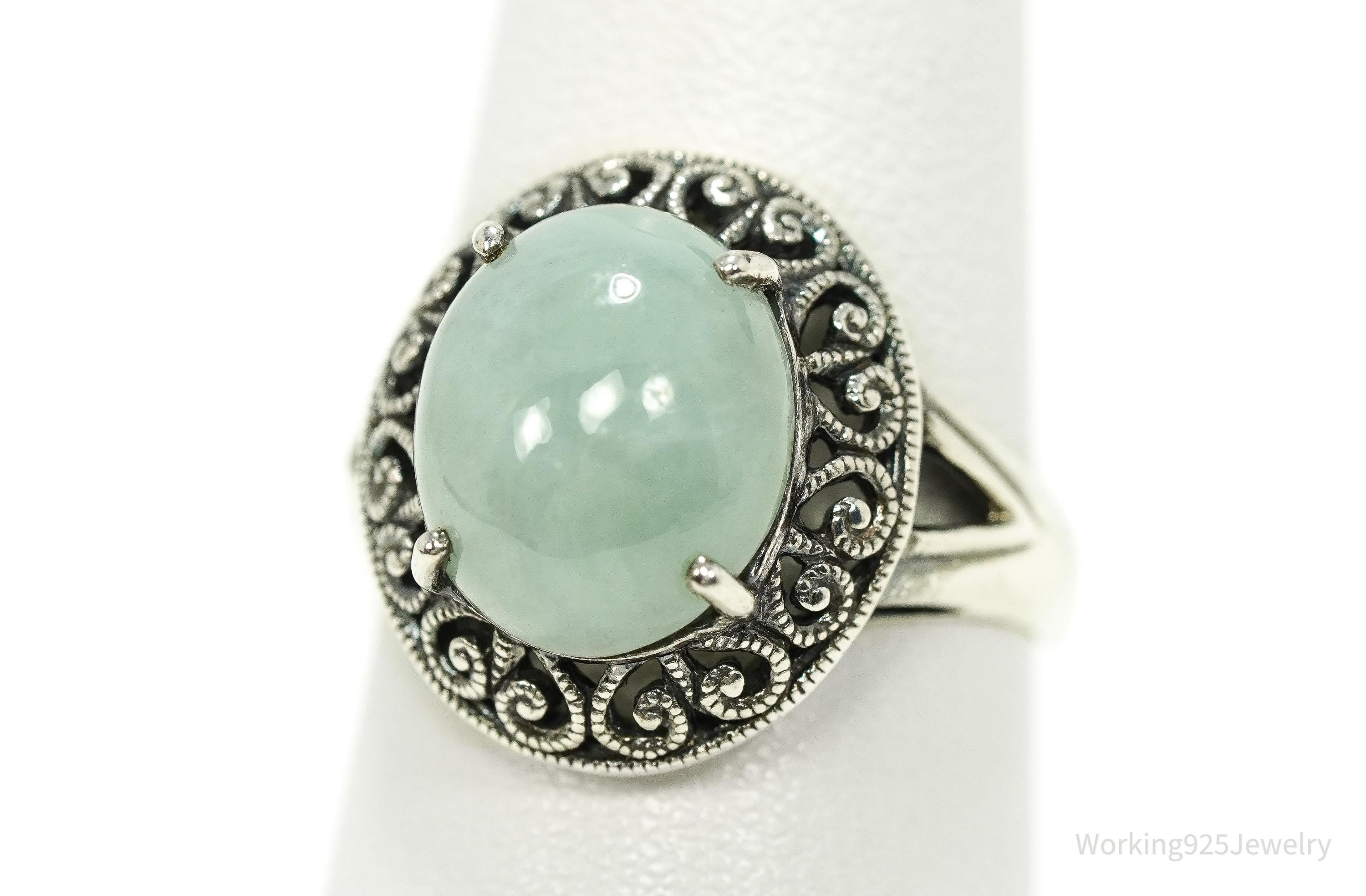Vintage CNA Green Jade Sterling Silver Ring - Size 7