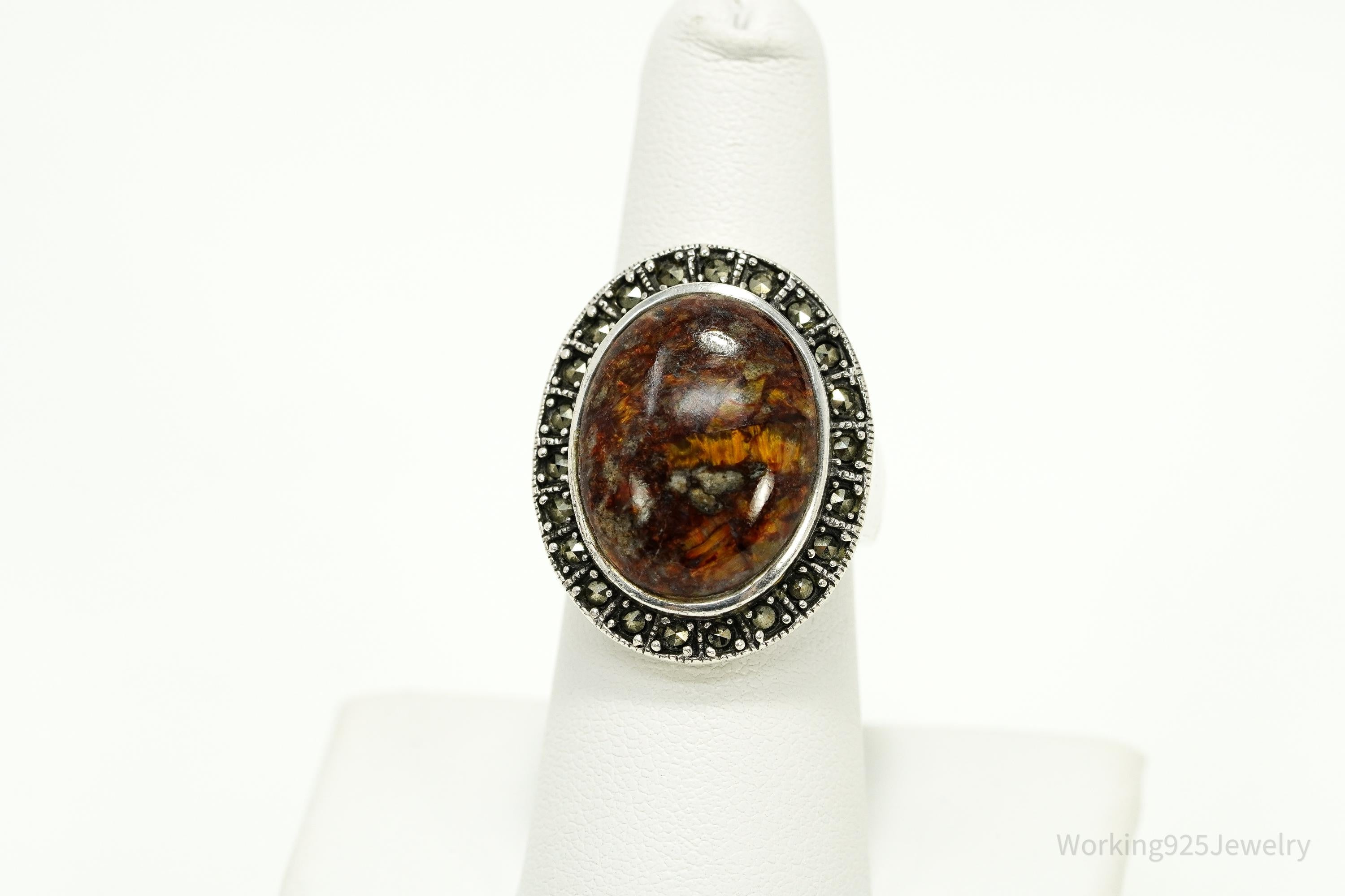 Vintage NK Brown Pietersite & Marcasite Sterling Silver Ring - Size 7