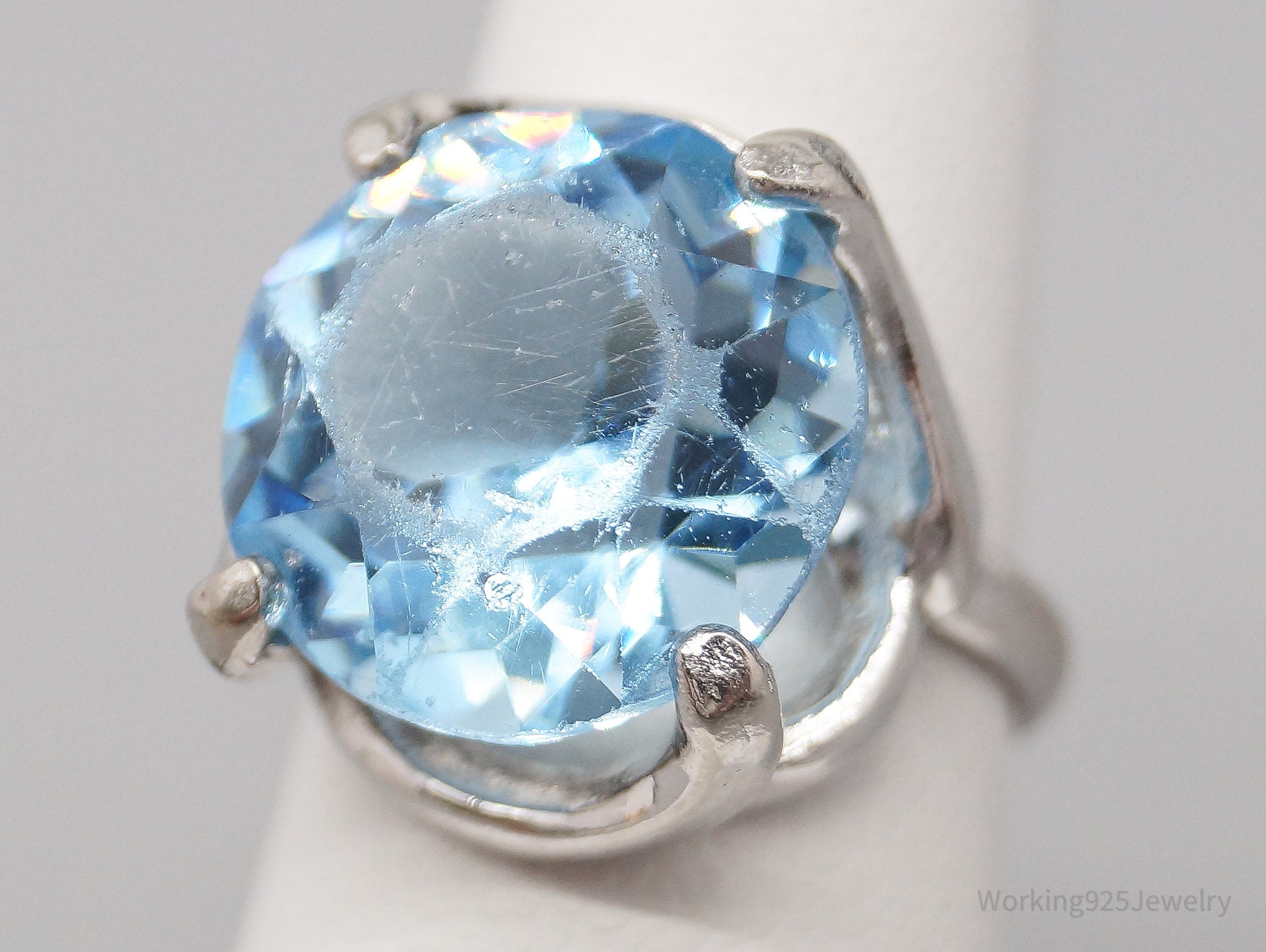 Vintage Large Blue Art Glass Stone Sterling Silver Ring - Size 5