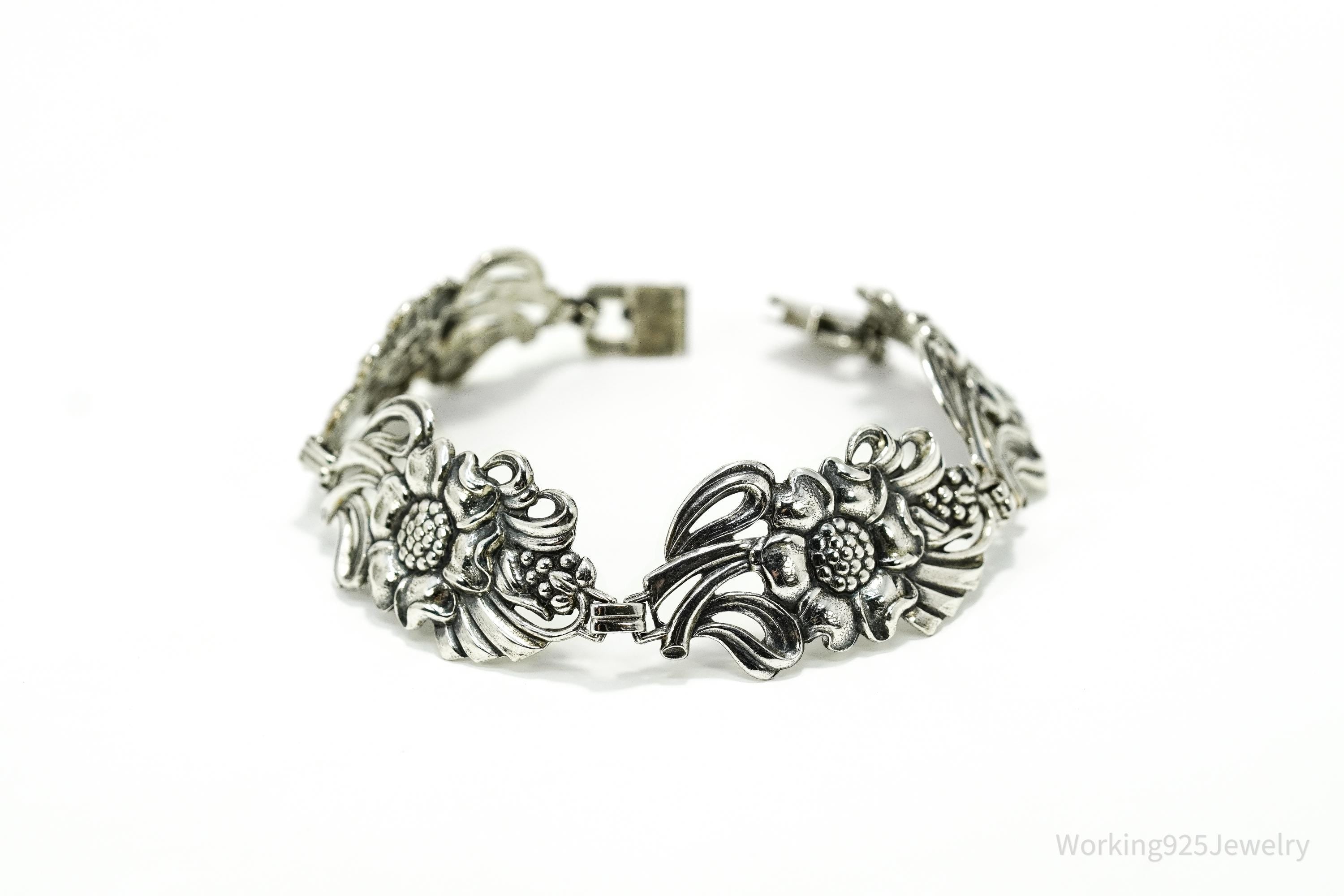 Antique Floral Sterling Silver Bracelet 7.75"