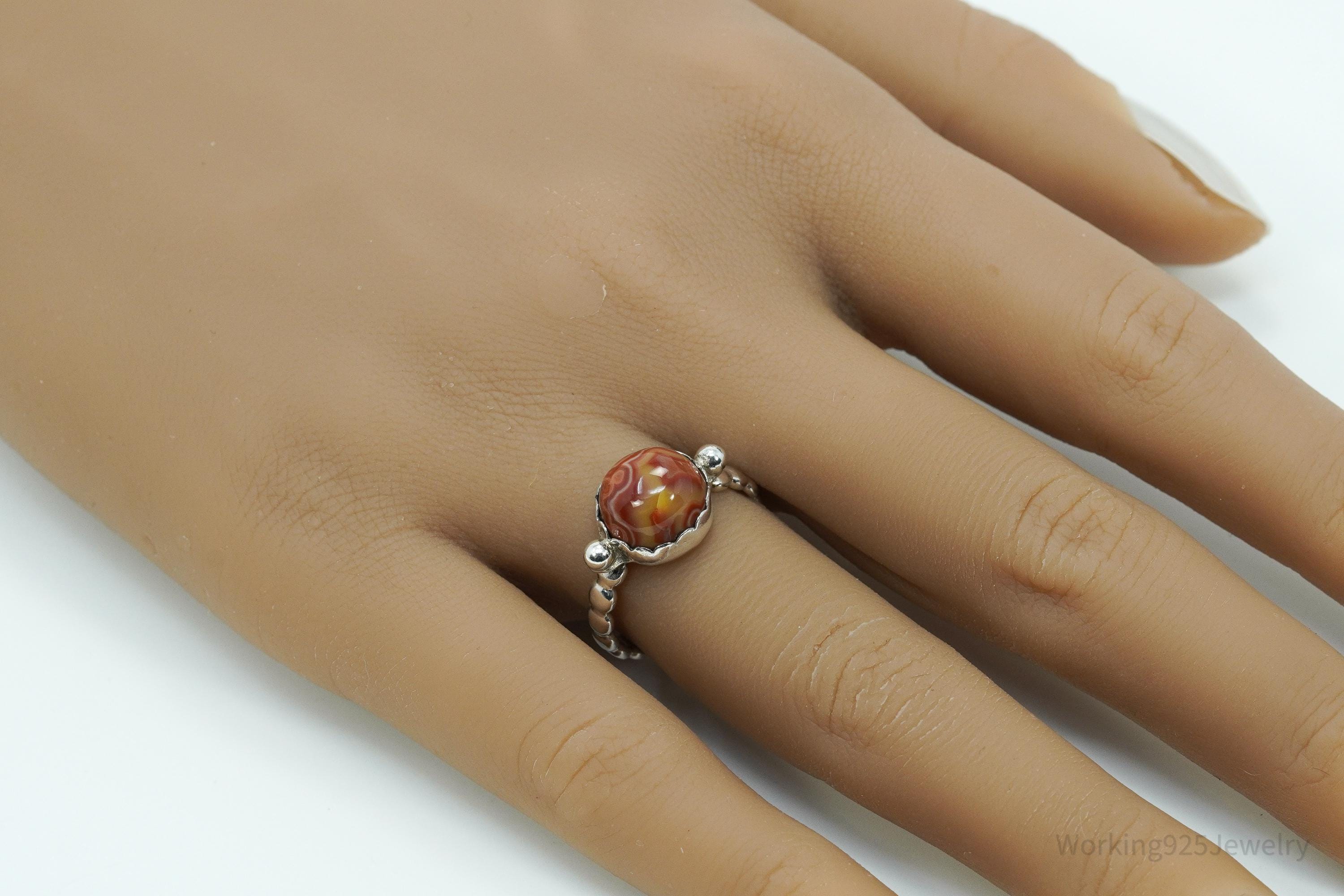Vintage Agate Modernist Style Silver Ring - Size 7