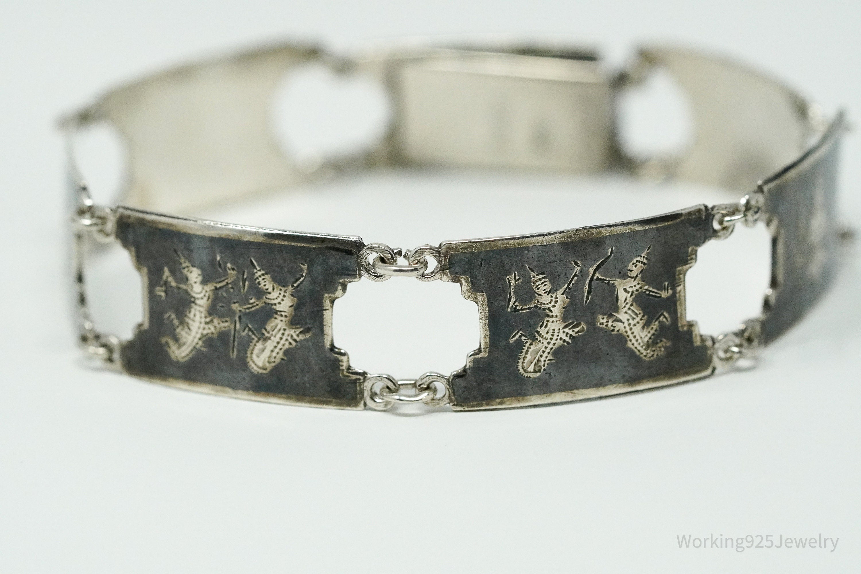 Vintage SIAM Enamel Lightening Dancers Sterling Silver Bracelet 7.25"