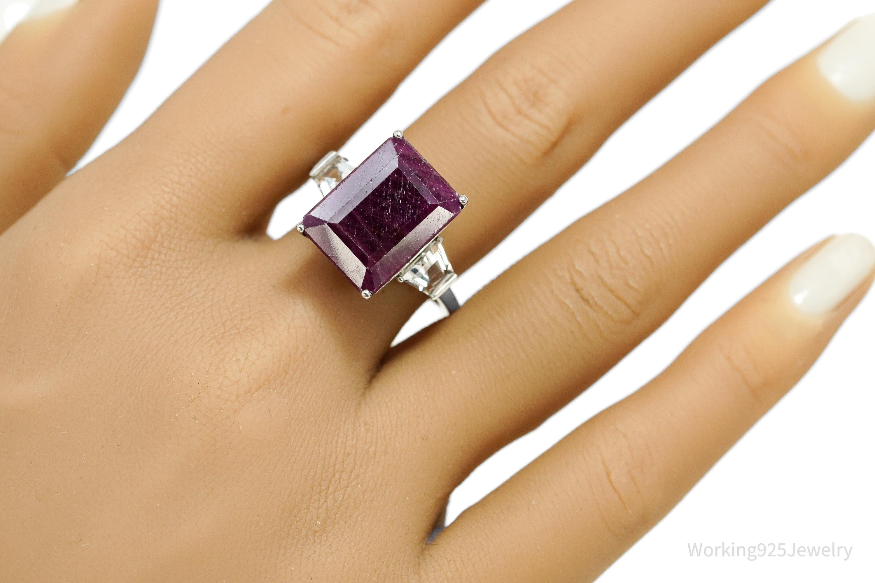 Vintage Ruby & White Topaz \ Sterling Silver Ring - Size 11