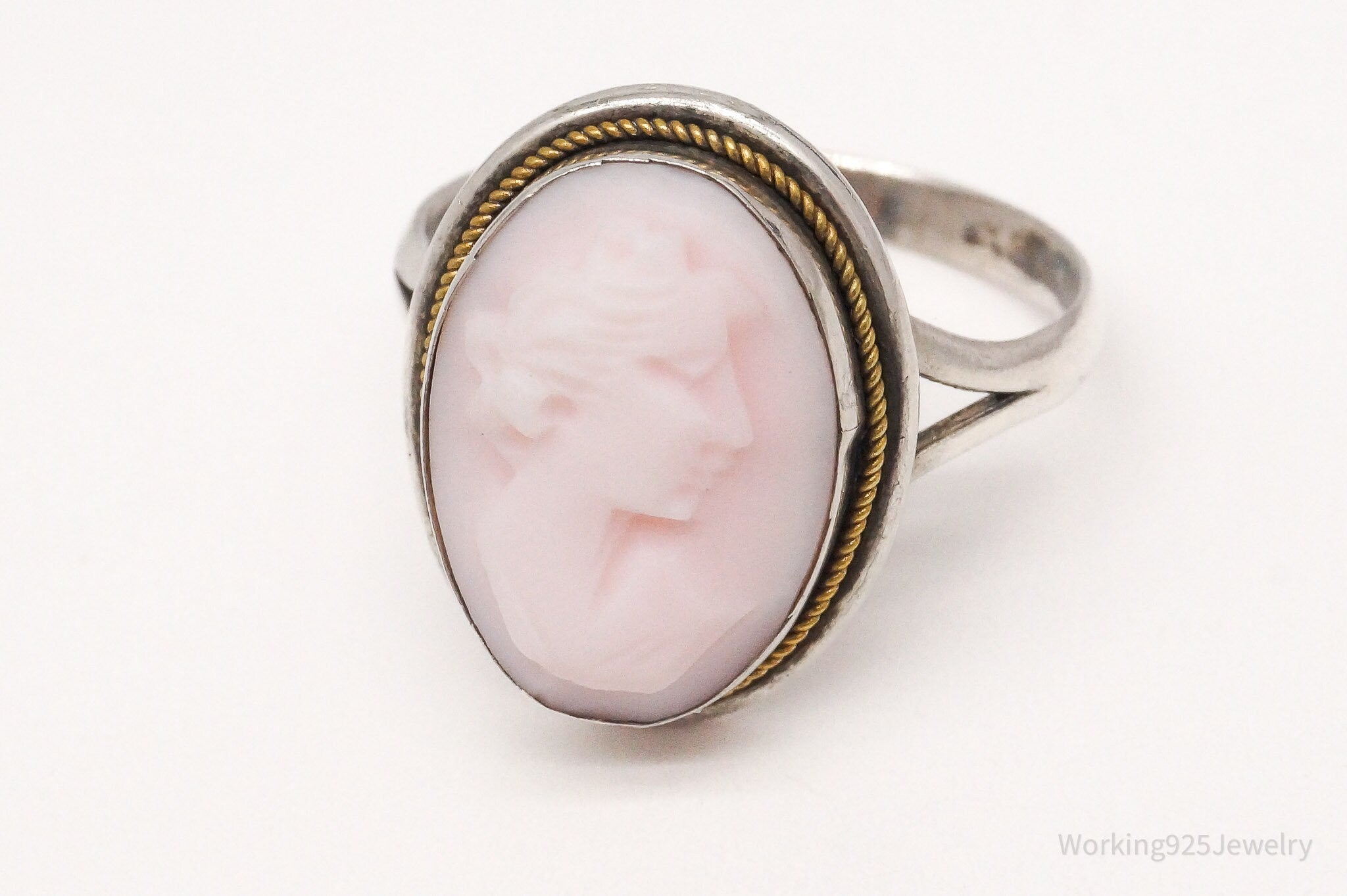 Antique Carved Shell Woman Cameo 800 Silver Ring - Size 6.25