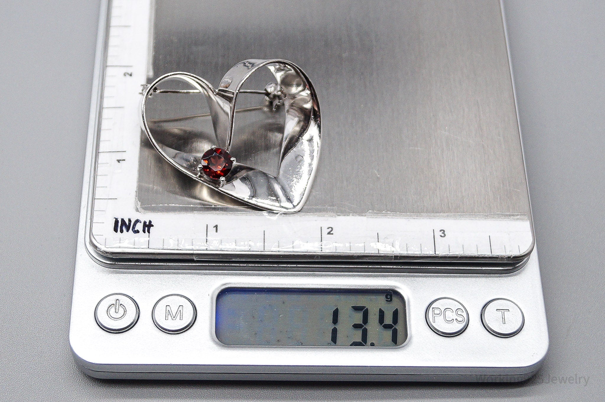 Large Vintage Garnet Heart Sterling Silver Brooch Pin