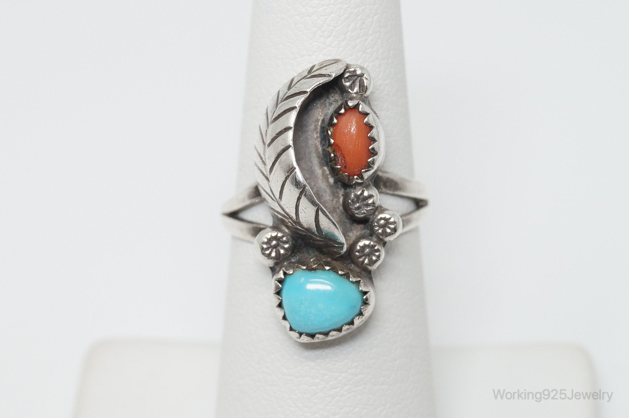 Vintage Native American Signed CM Turquoise Coral Sterling Silver Ring - SZ 6.25