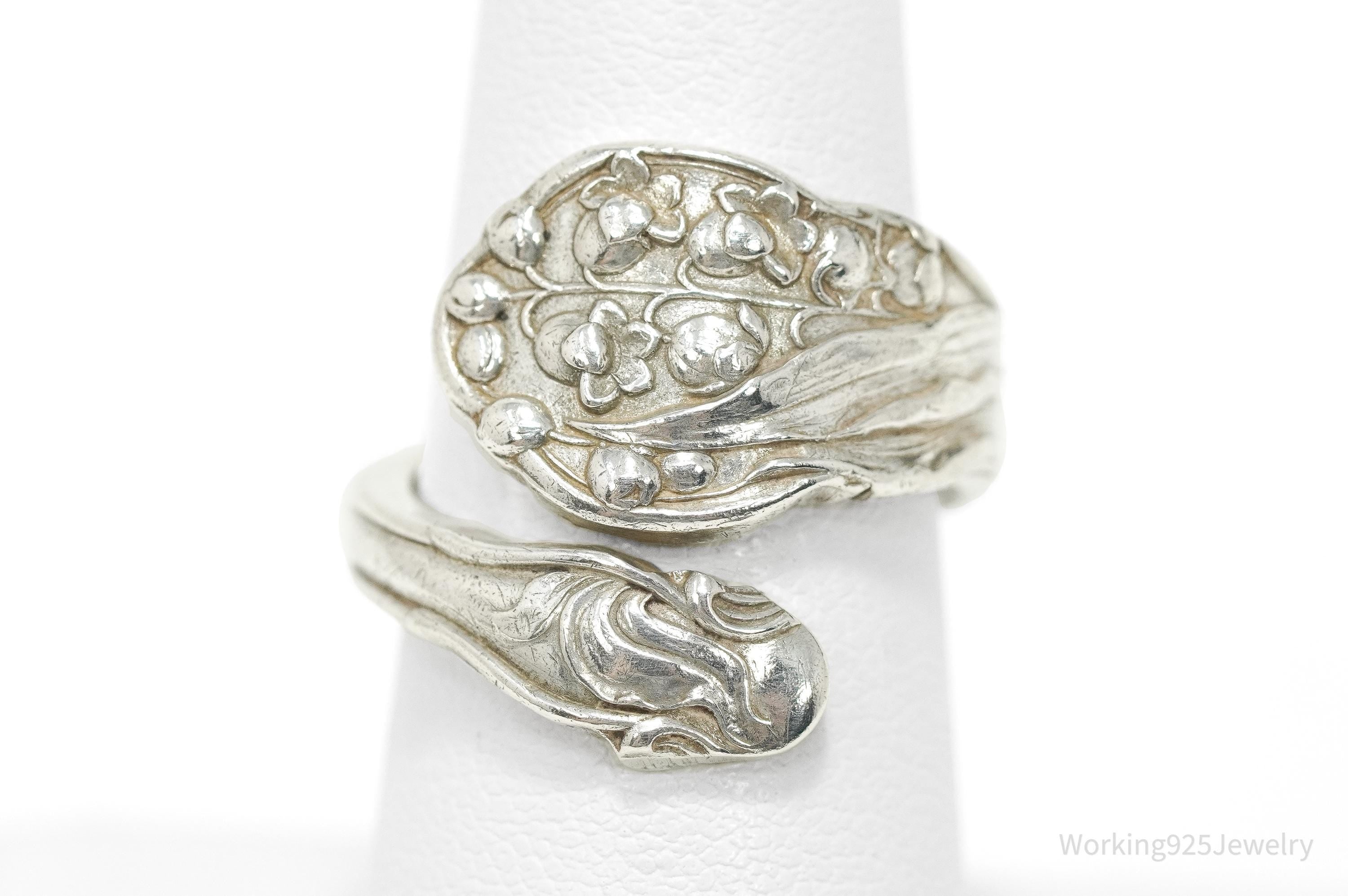 Antique GORHAM Flower Sterling Silver Wrap Spoon Ring - Size 7.25