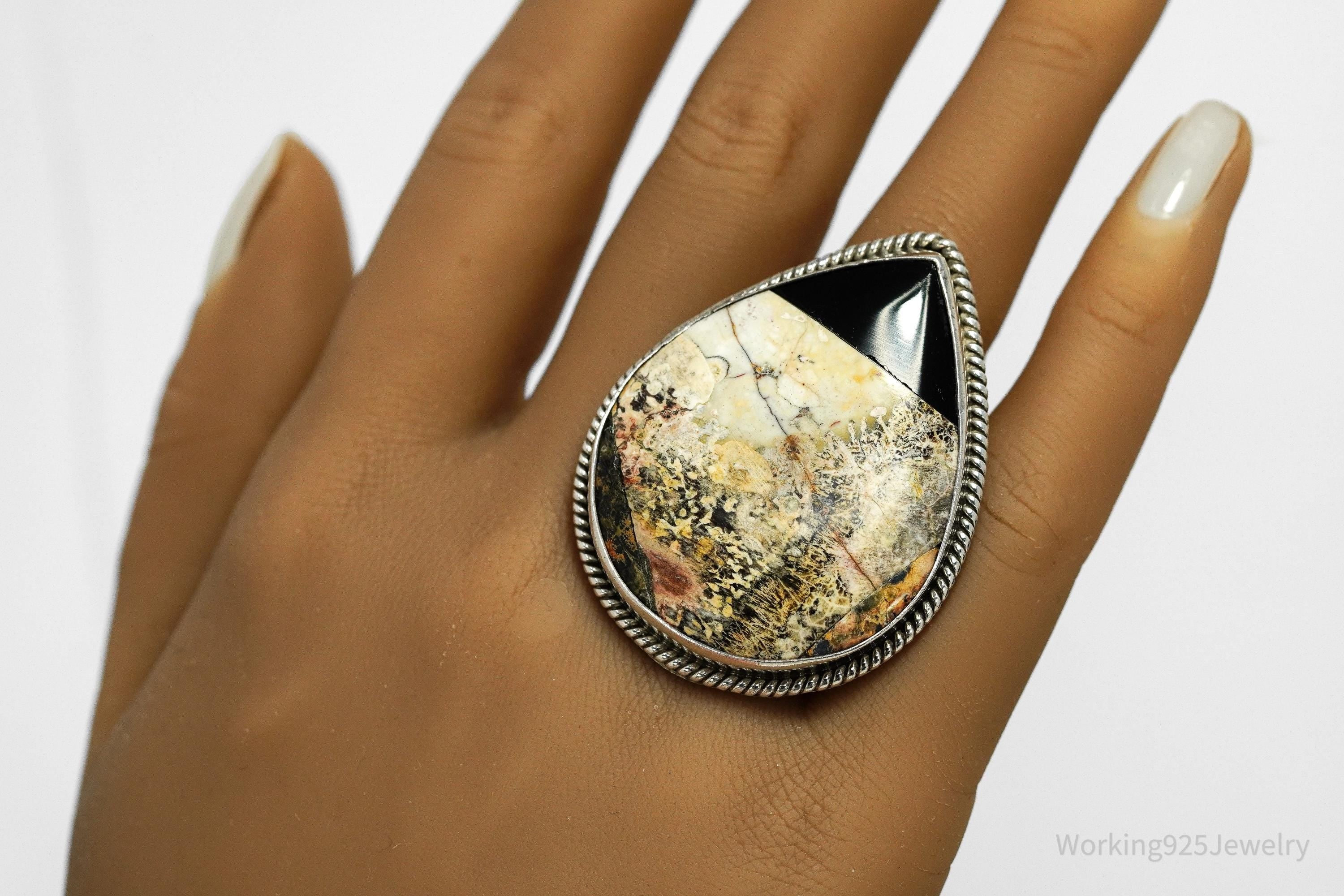 Vintage Mexico Modernist HOB Massive Agate & Black Onyx Inlay Sterling Silver Ring - Size 8