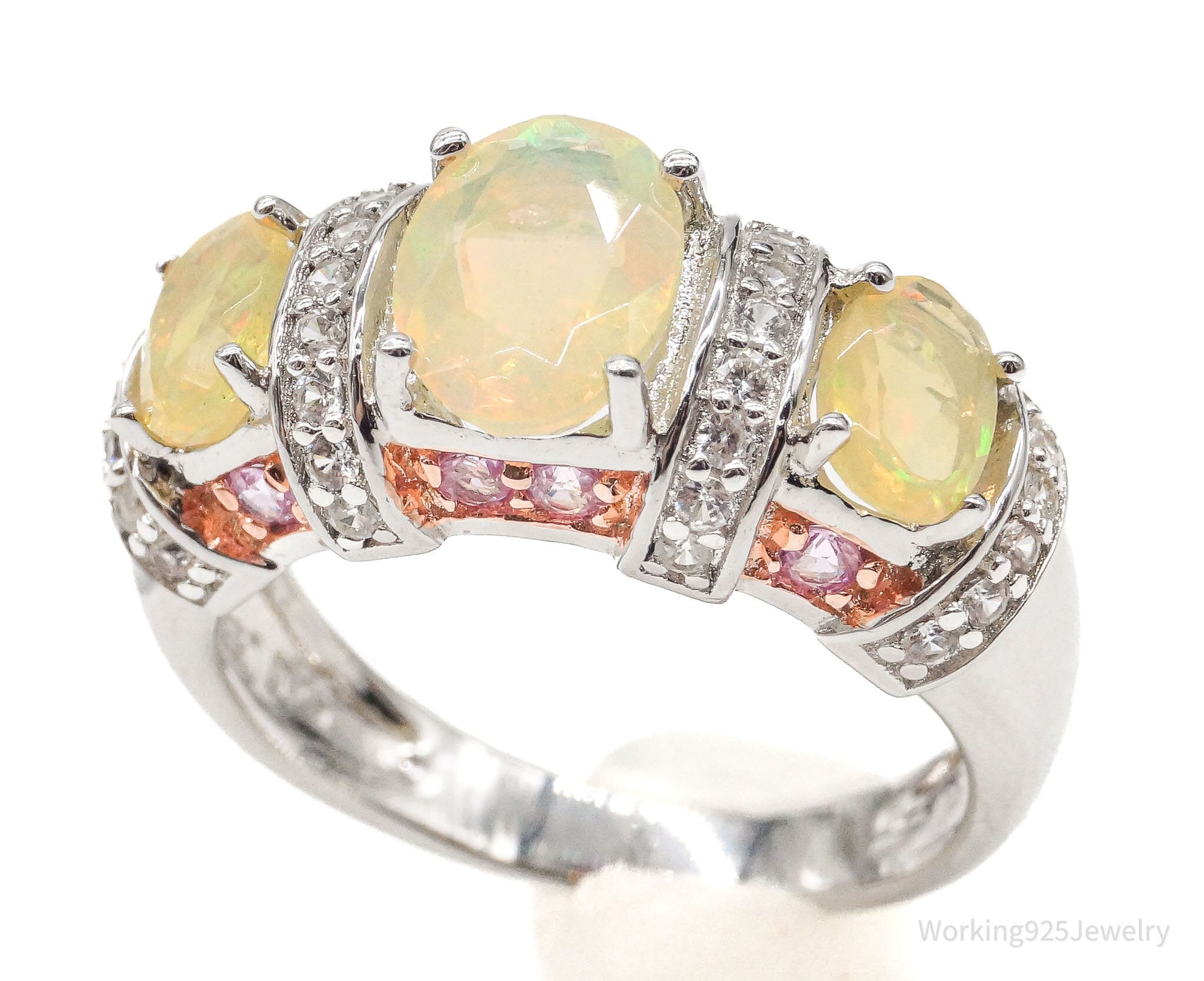 Ethiopian Opal Pink Sapphire White Zircon Rhodium Over Sterling Silver Ring SZ 6.75