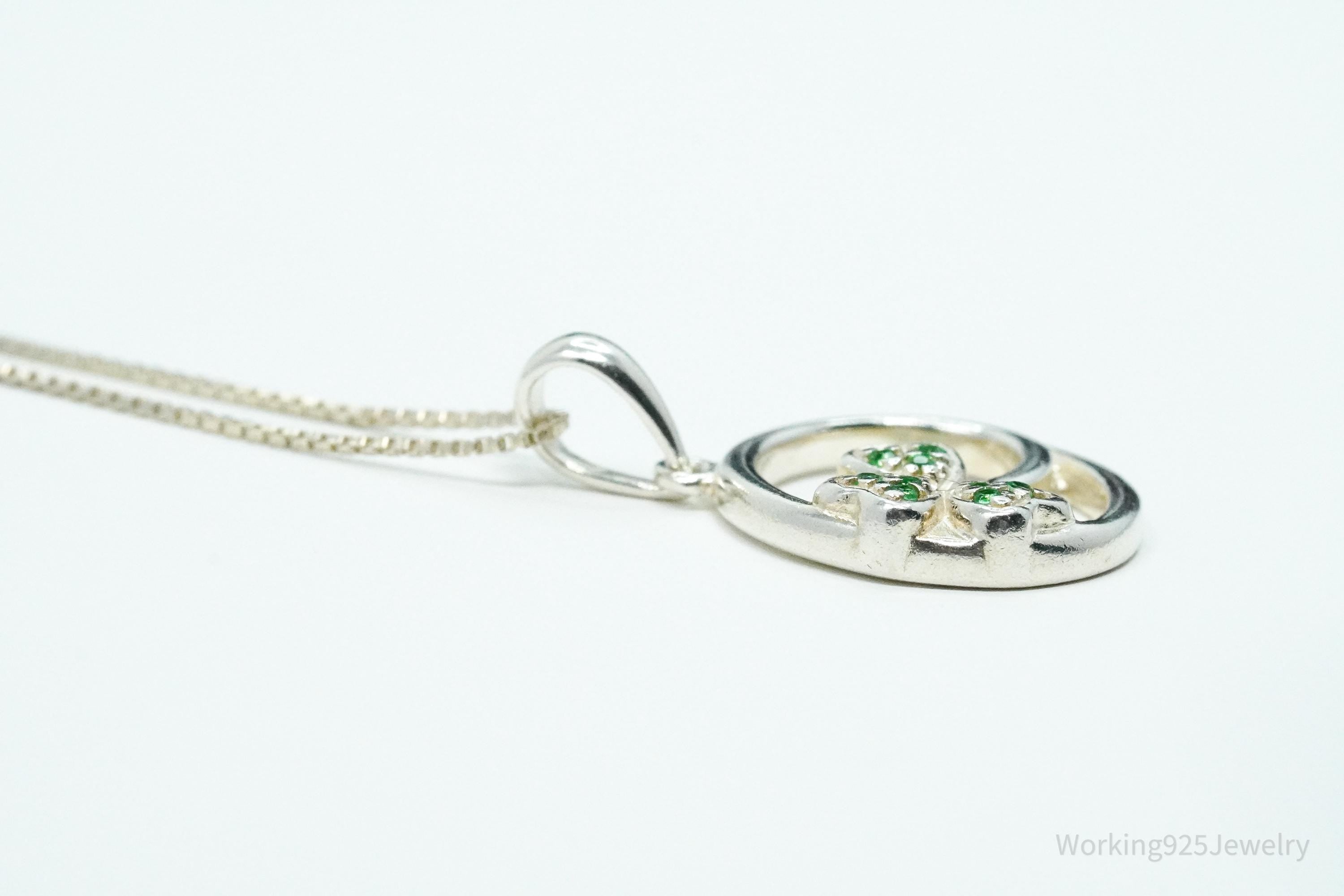 Vintage SOLVAR Three Leaf Clover Green Stone Sterling Silver Necklace - 16"