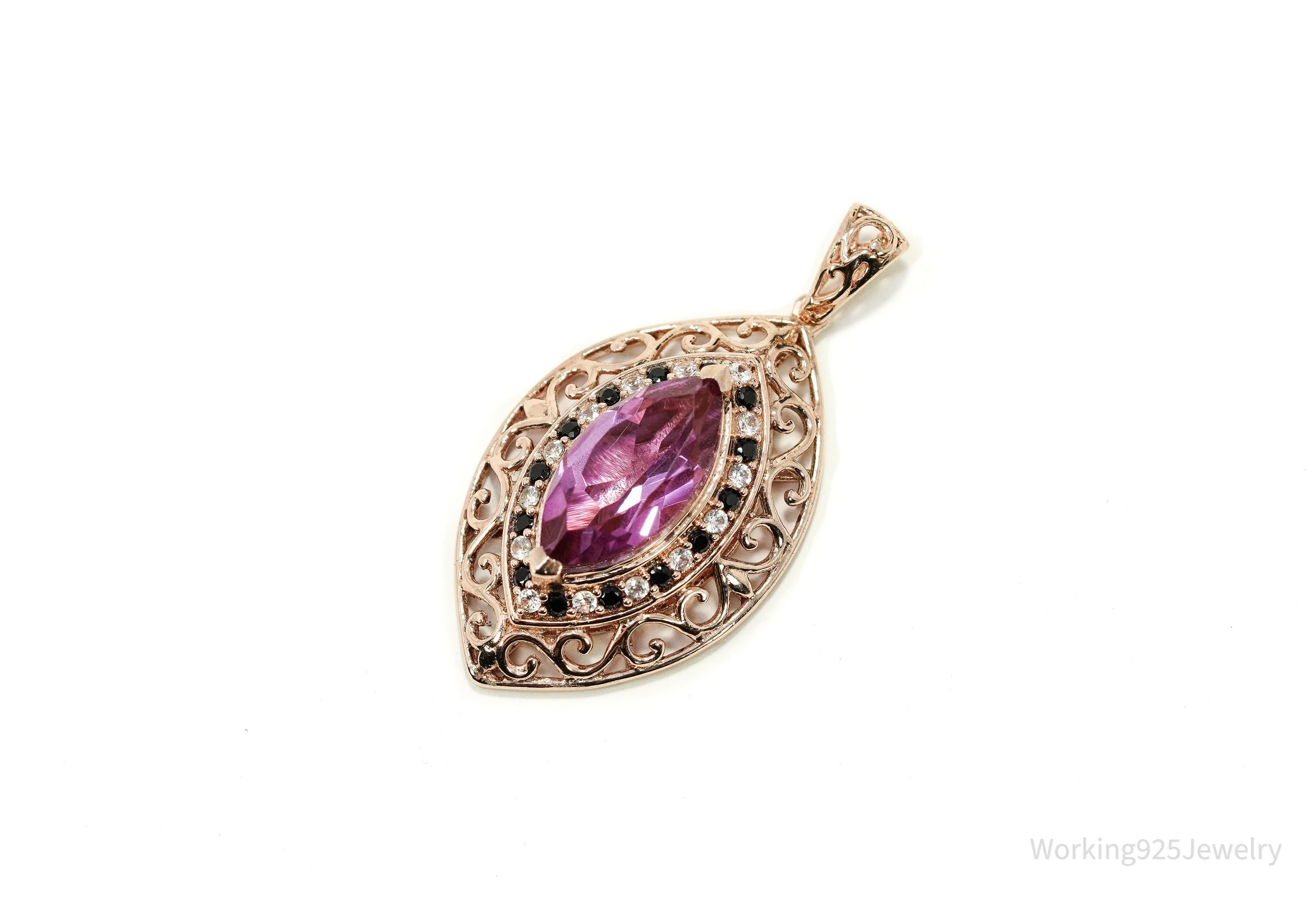 Pink Topaz Black Spinel Cubic Zirconia Rose Gold Vermeil Sterling Silver Necklace Pendant