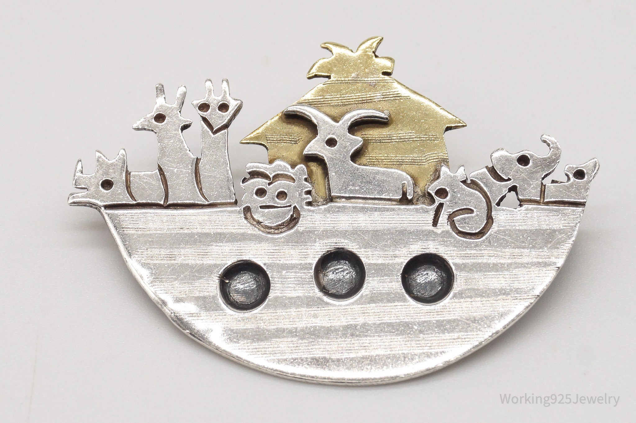 Vintage Mexico Noahs Ark Brass Sterling Silver Brooch Pin