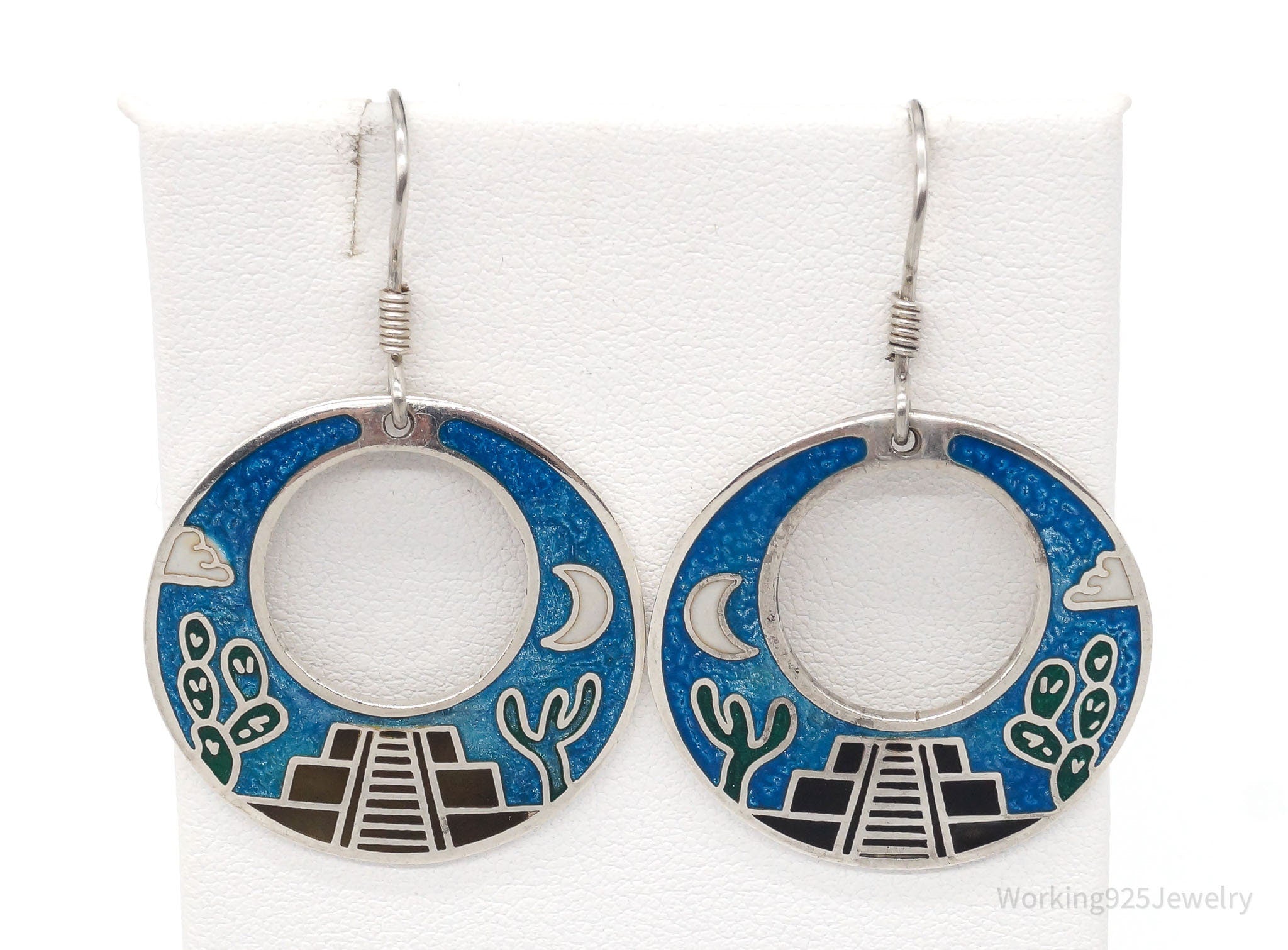 Vintage Taxco Storyteller Enamel Sterling Silver Earrings