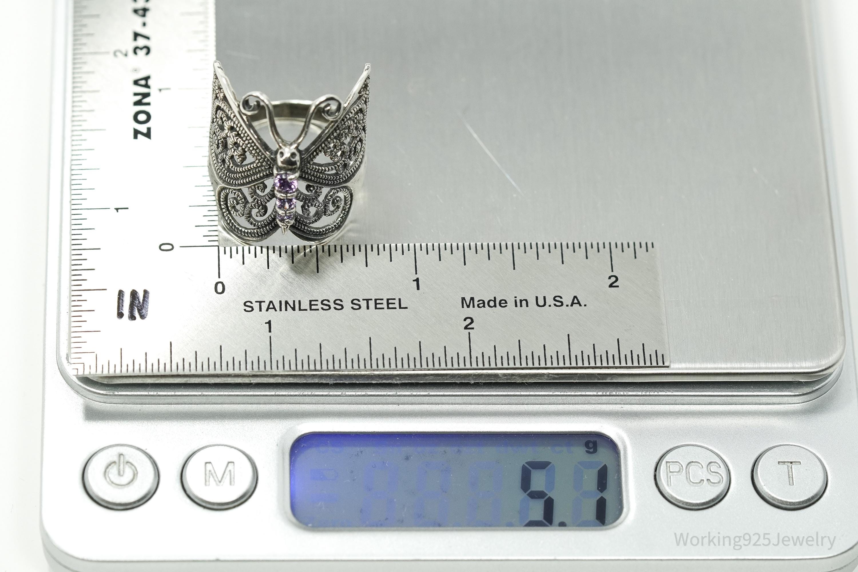 Vintage Amethyst Butterfly Sterling Silver Ring - Size 9.25