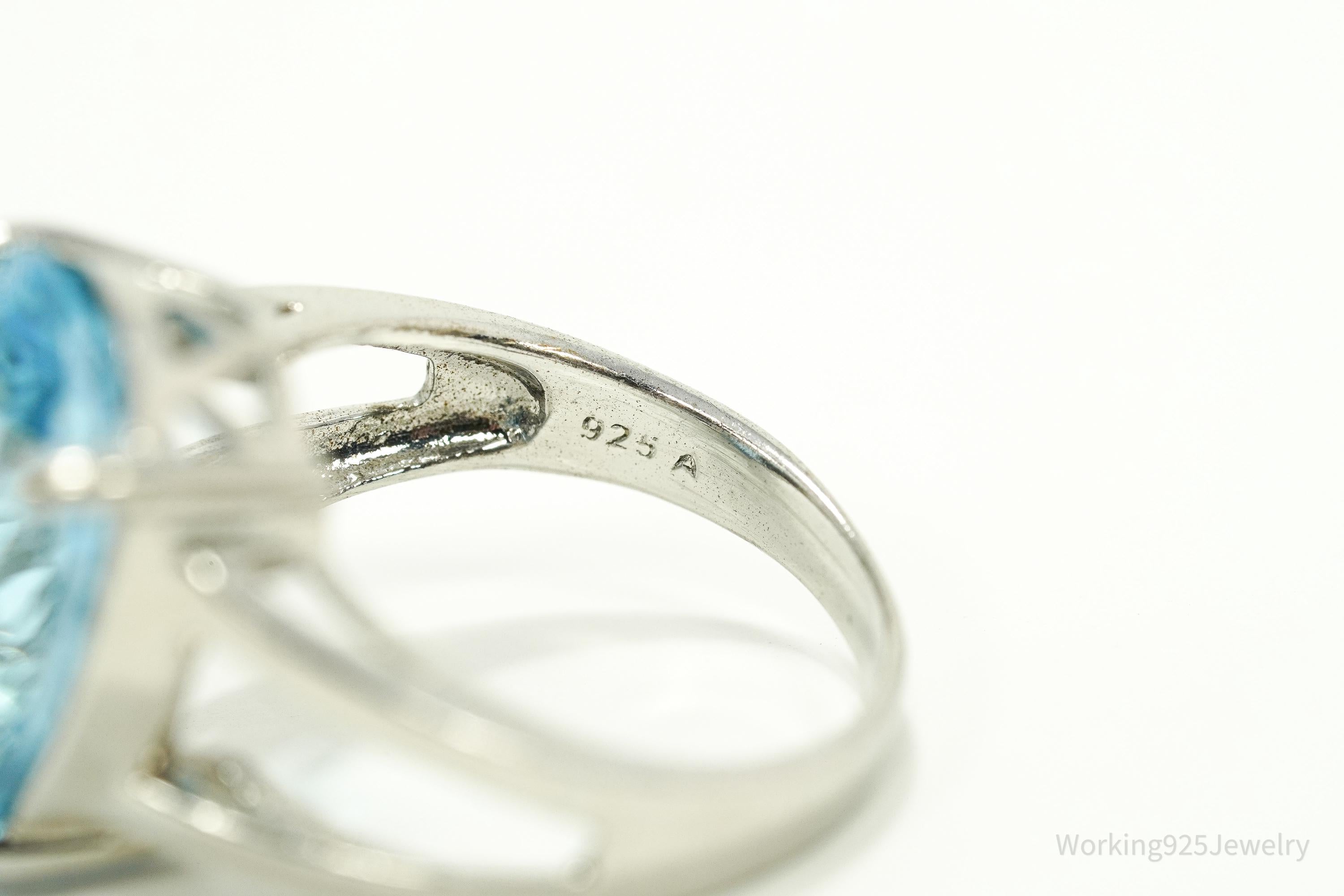 Vintage Large Blue Topaz Sterling Silver Ring - Size 7