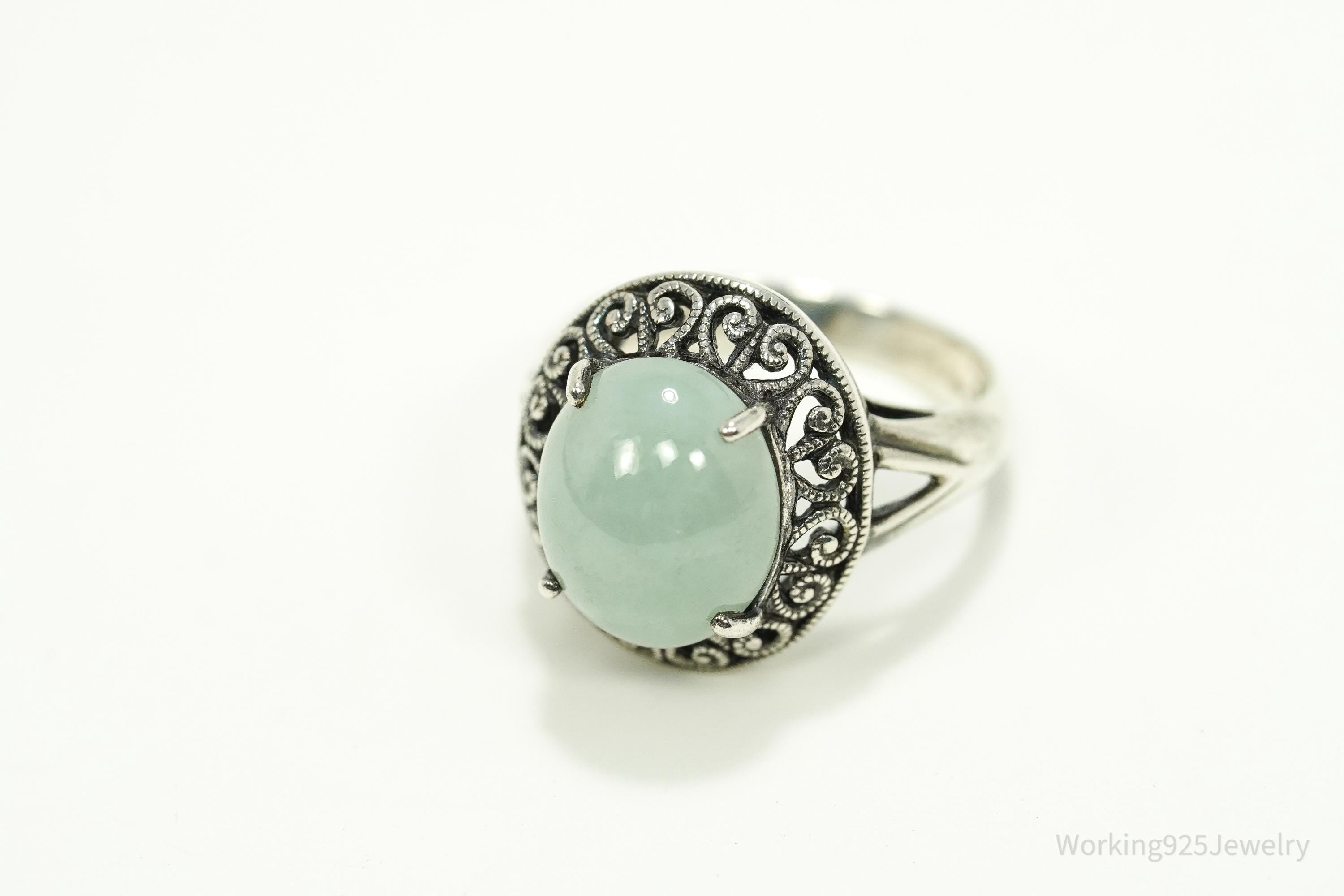 Vintage CNA Green Jade Sterling Silver Ring - Size 7