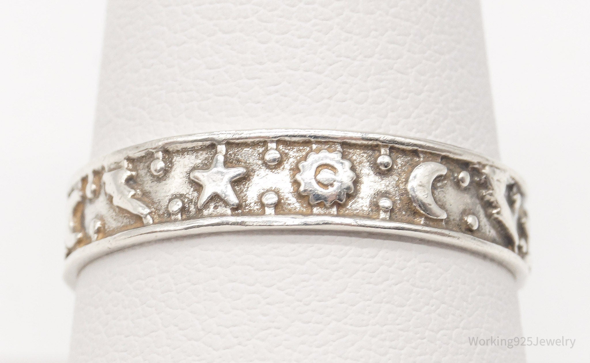 Vintage Stars Moons Suns Sterling Silver Band Ring - Size 9.5