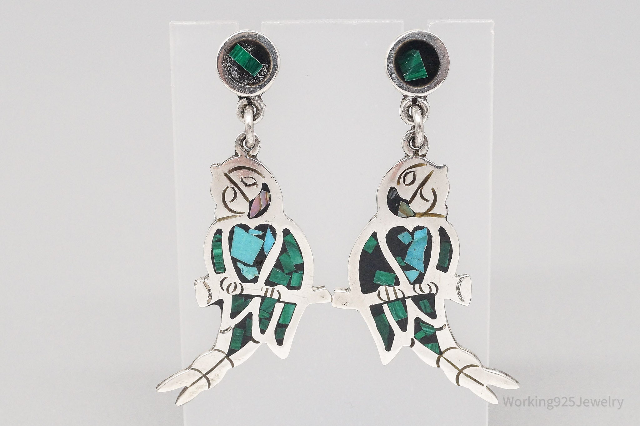 Vintage Large Mexico Turquoise Malachite Inlay Sterling Silver Birds Earrings