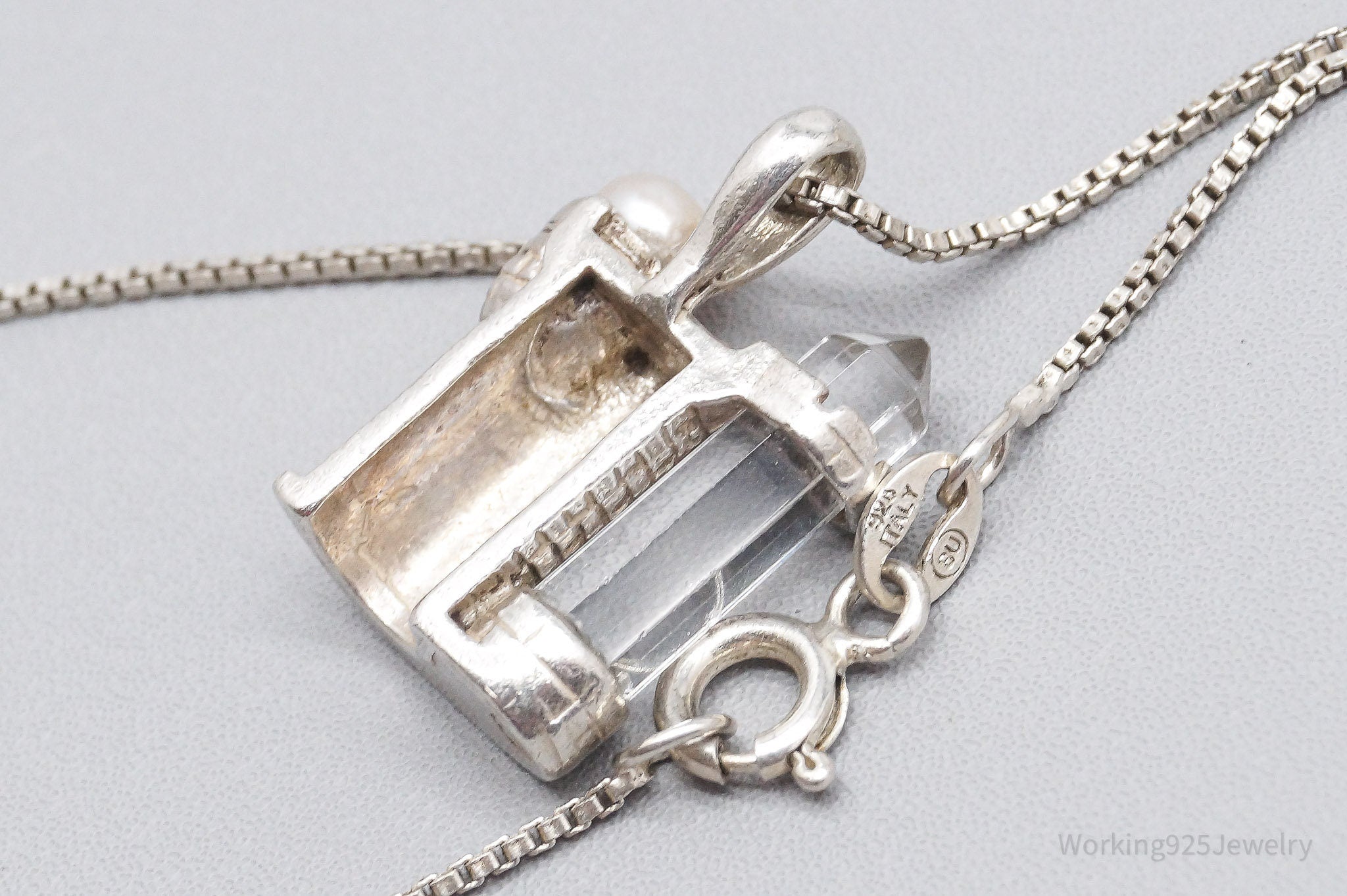 Vintage Pearl & Crystal Castle Sterling Silver Necklace 18"