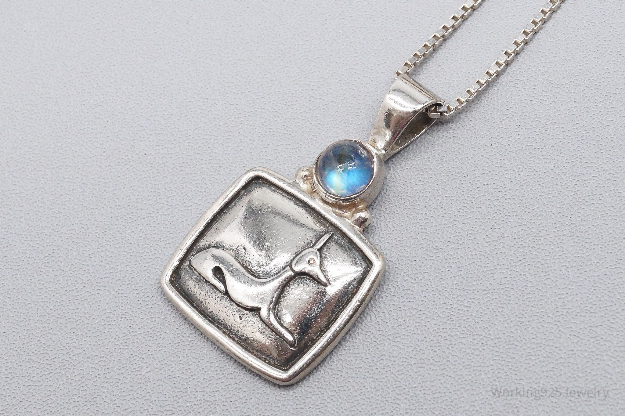 Vintage Egyptian God Anubis Moonstone Sterling Silver Necklace 30"
