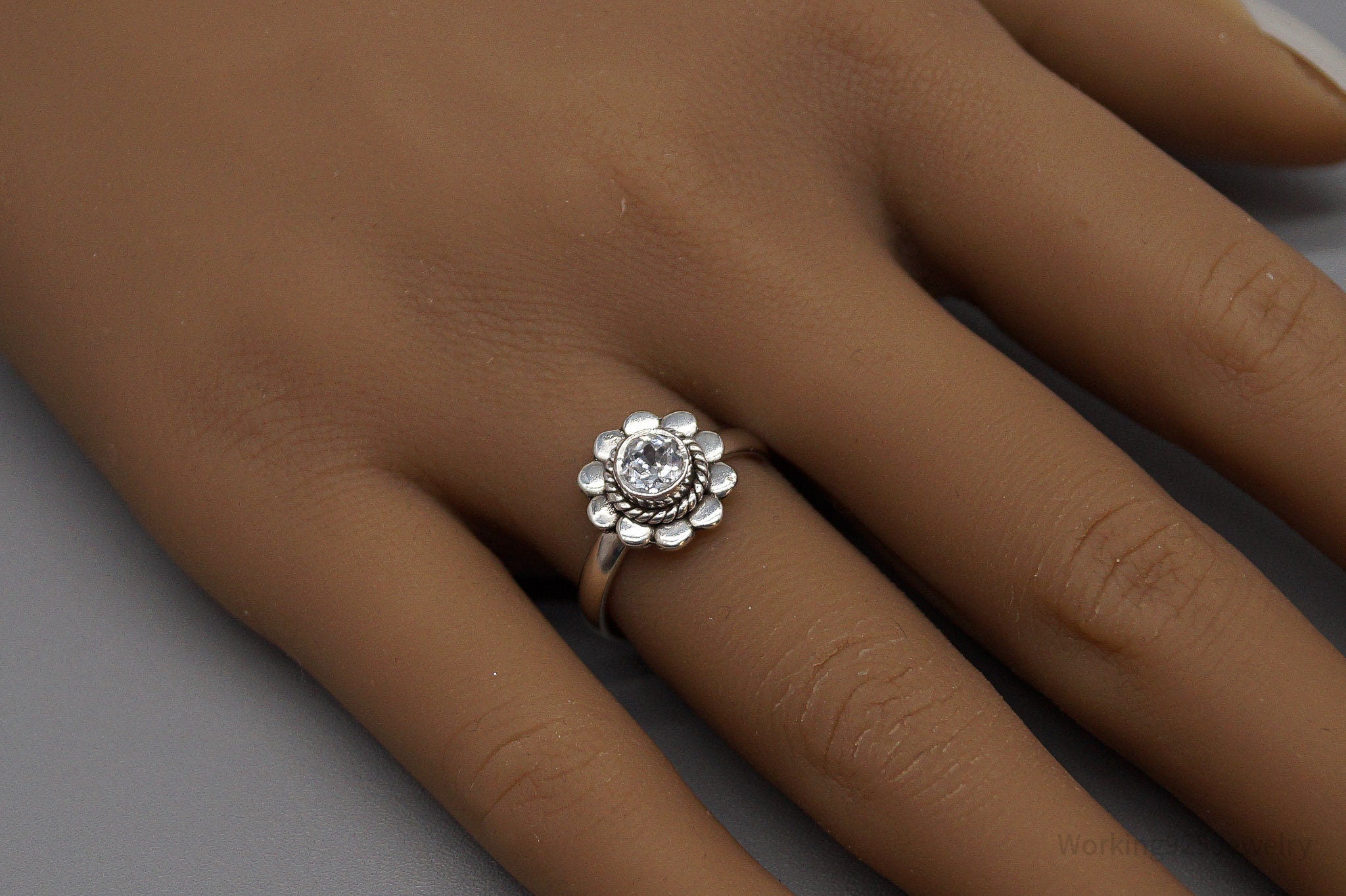 Vintage White Topaz Sterling Silver Flower Ring - Size 6.75