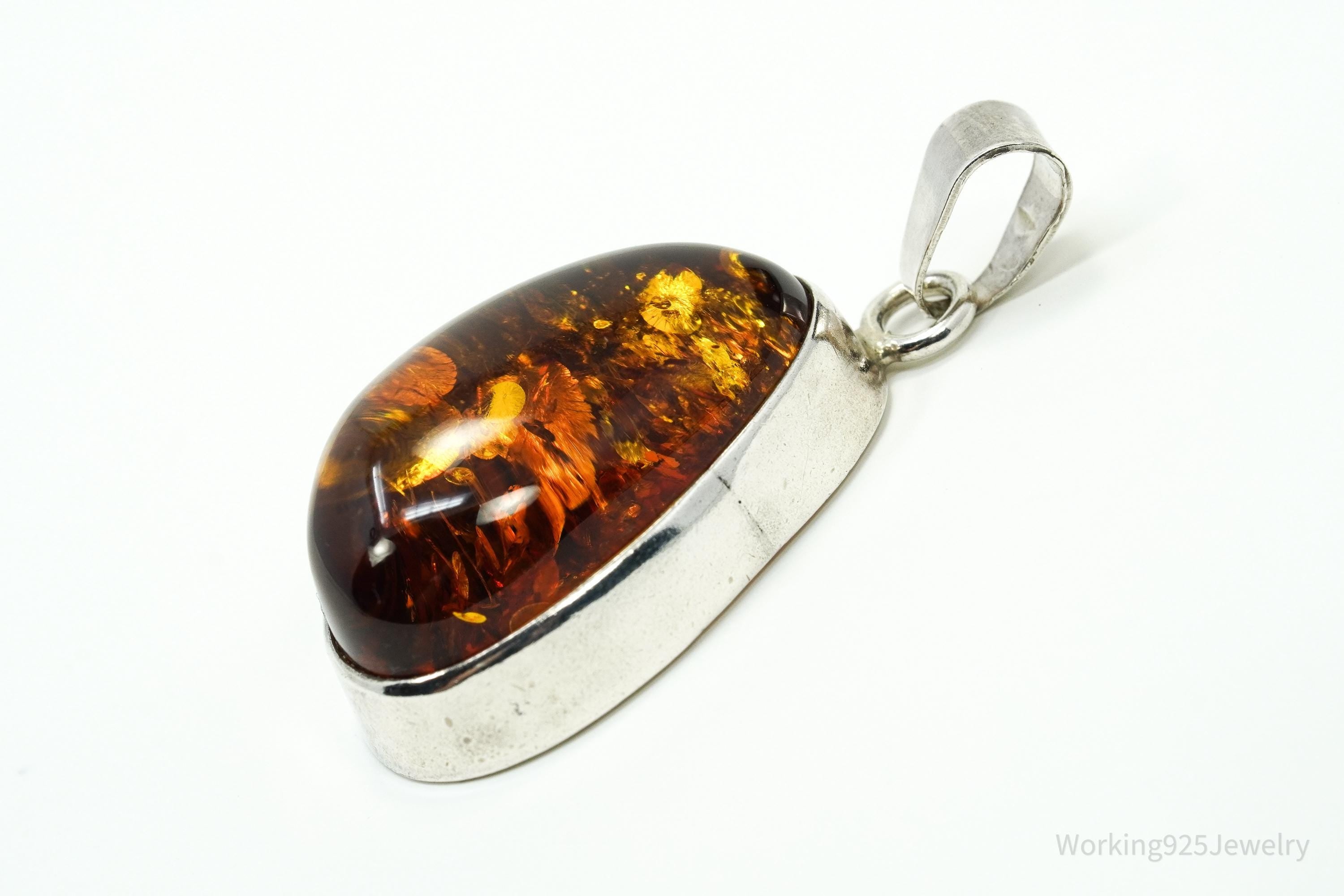 Large Vintage Modernist Amber Sterling Silver Pendant