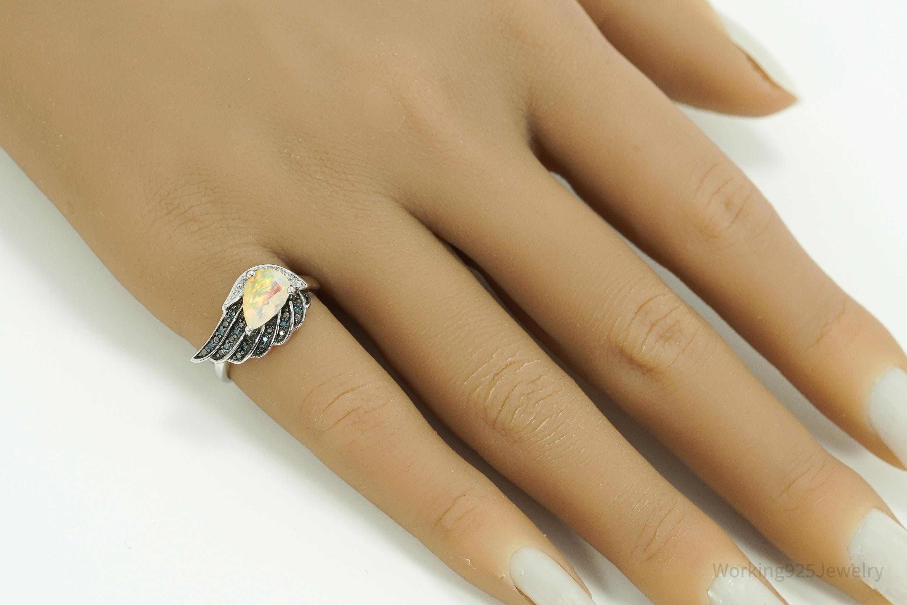 Vintage KH Opal & Diamond Sterling Silver Ring - Size 6