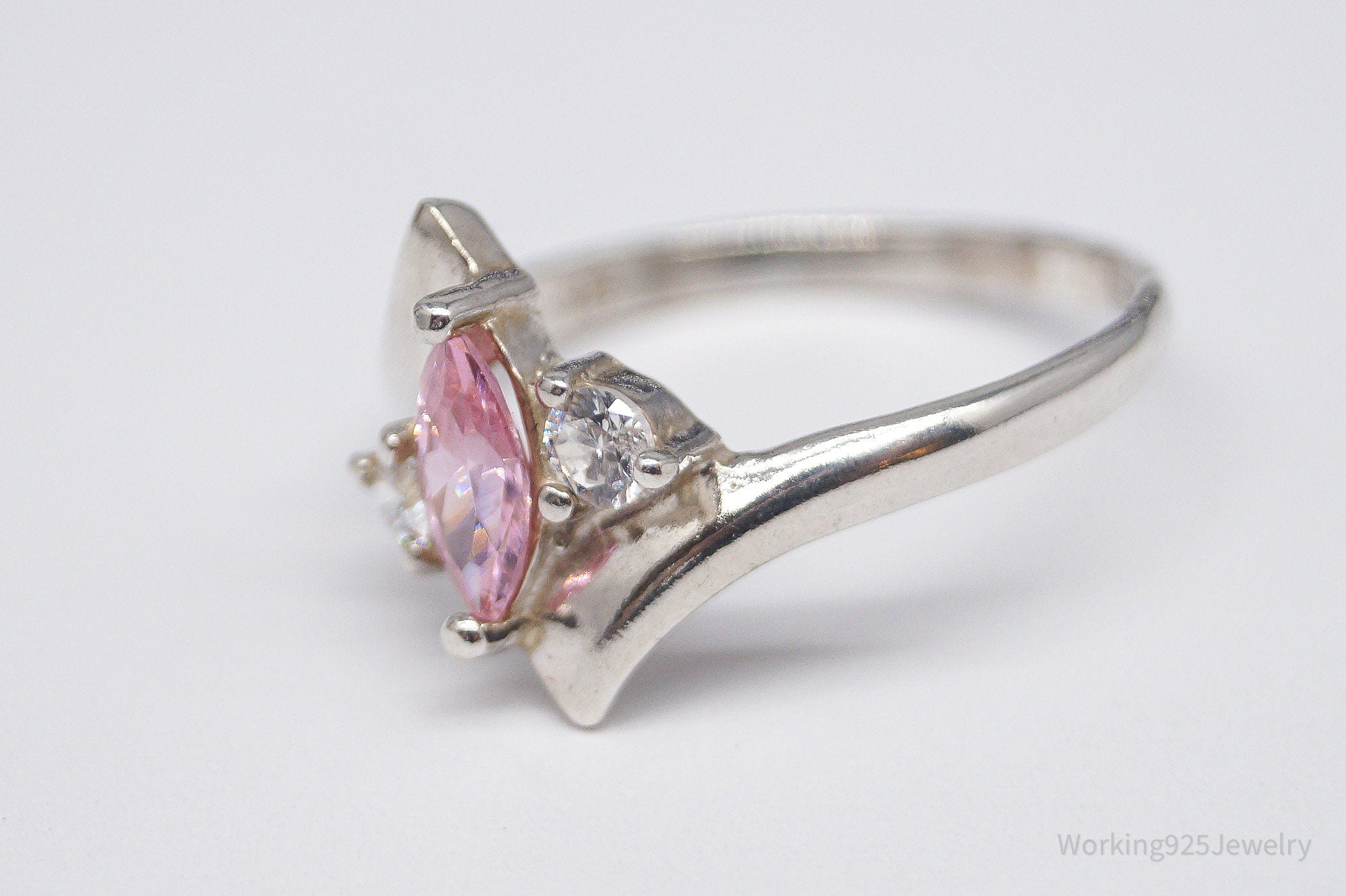 Vintage Pink & White Cubic Zirconia Sterling Silver Ring - Size 8