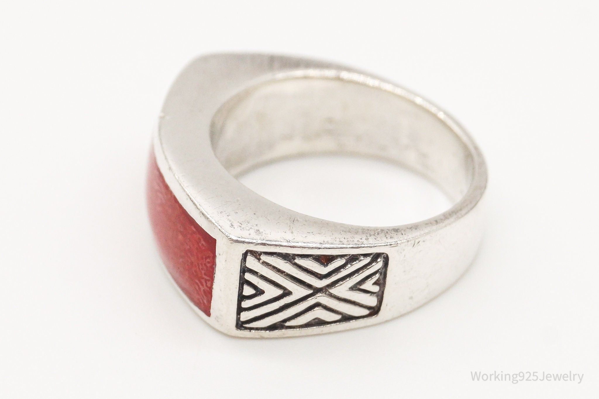 Vintage Red Resin Sterling Silver Ring - Size 5.75