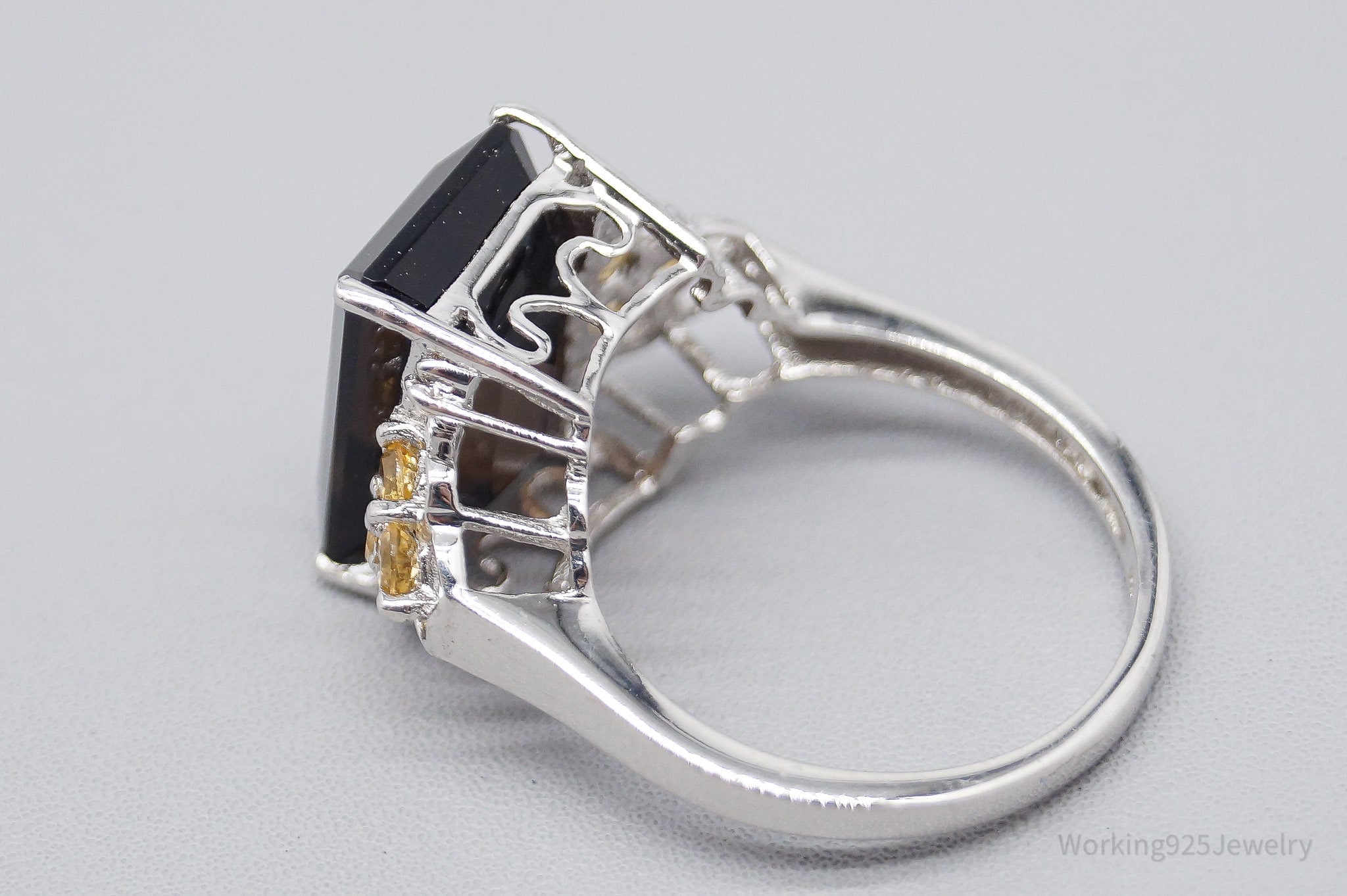 Vintage Large Smoky Topaz Citrine White Topaz Sterling Silver Ring - Size 8