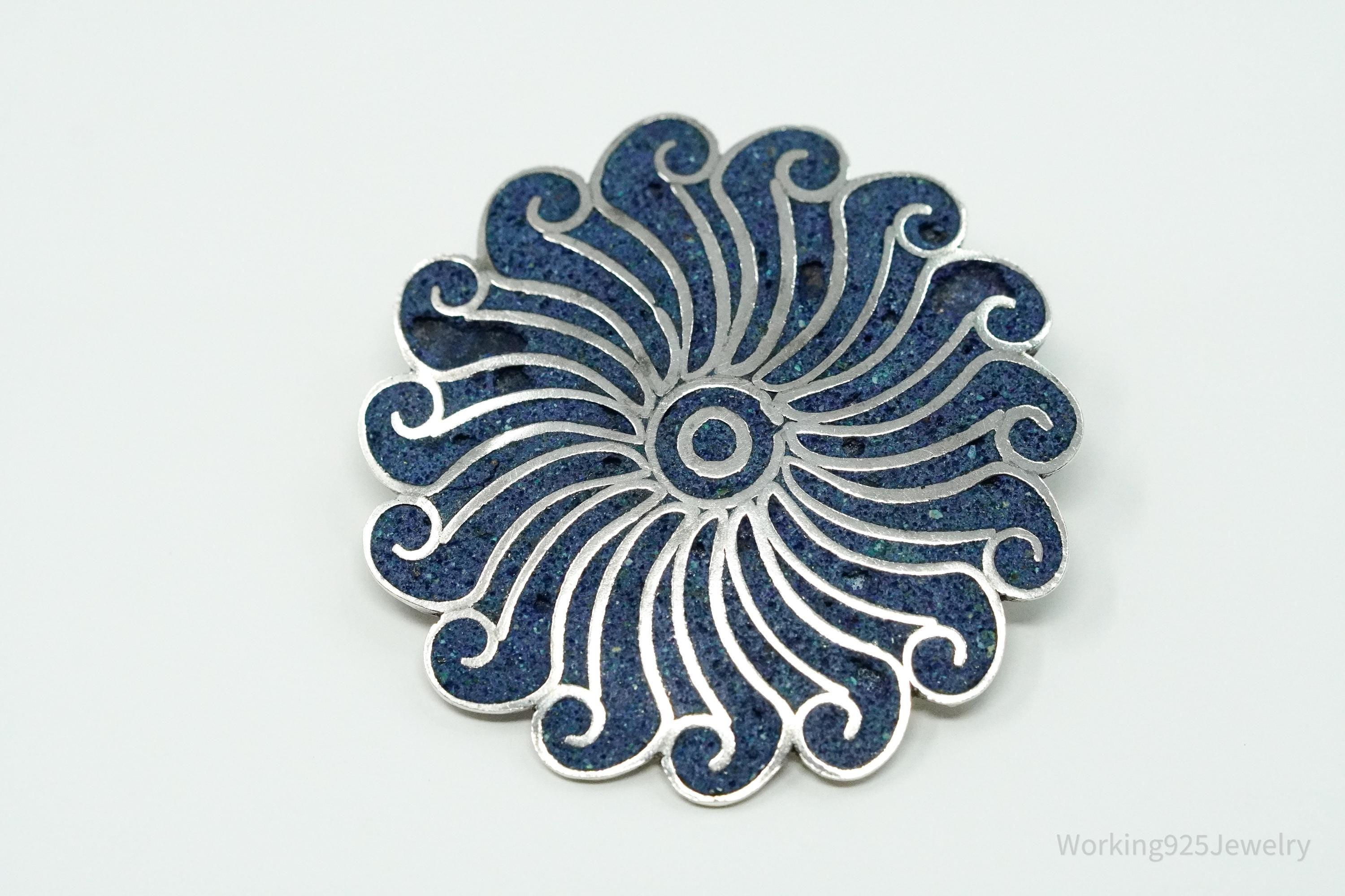 Large Vintage Mexican A Garcia Blue Stone Inlay Sterling Silver Brooch Pin Pendant