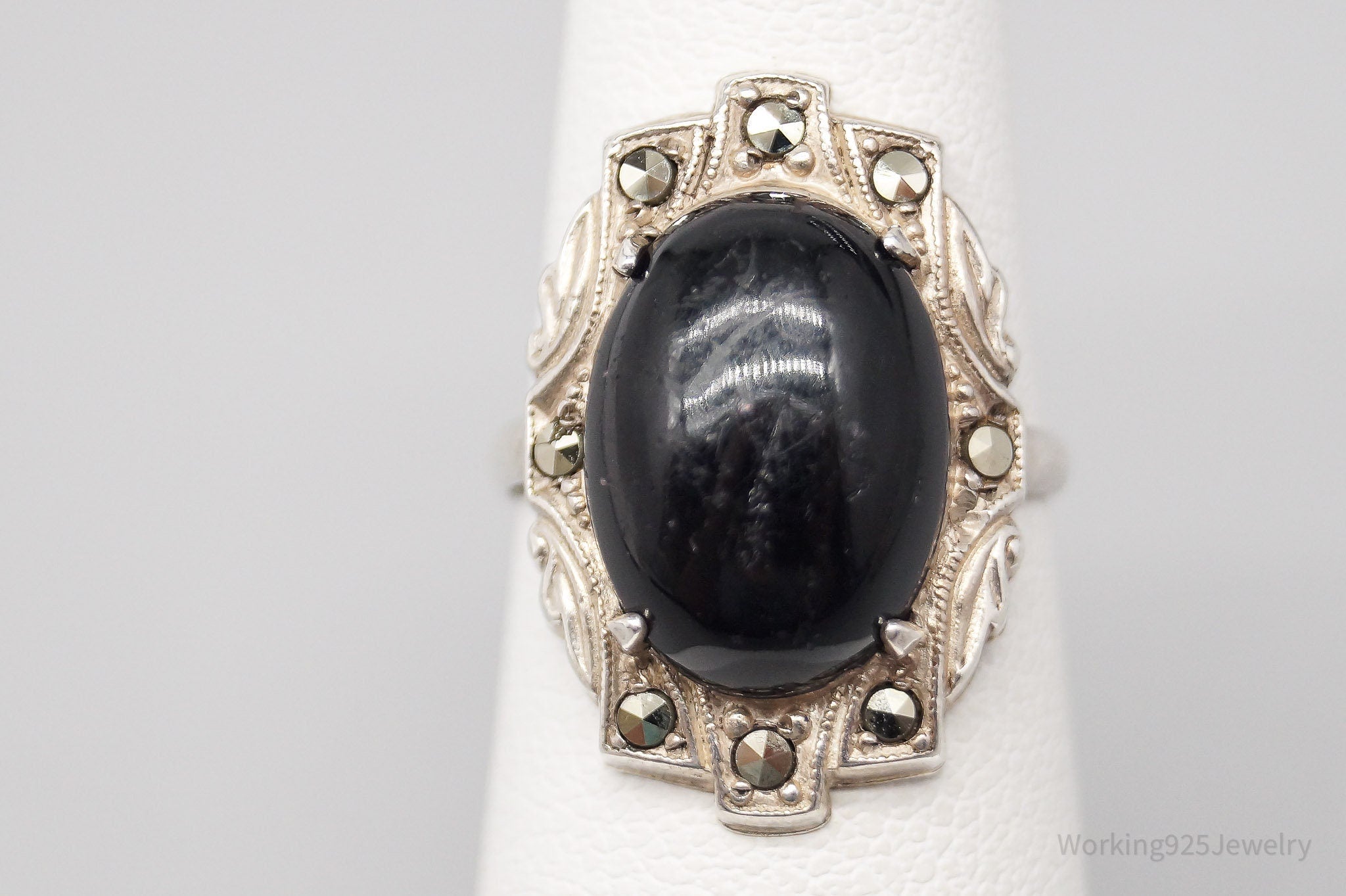 Antique Art Deco Black Onyx Marcasite Sterling Silver Ring - Size 5