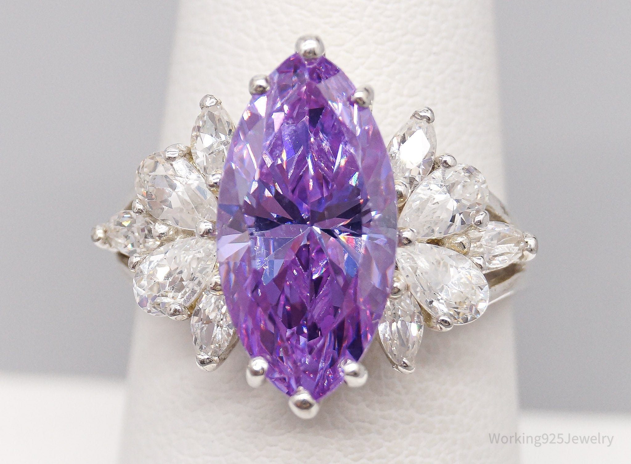 Vintage Purple & White Cubic Zirconia Sterling Silver Statement Ring - Size 7.75