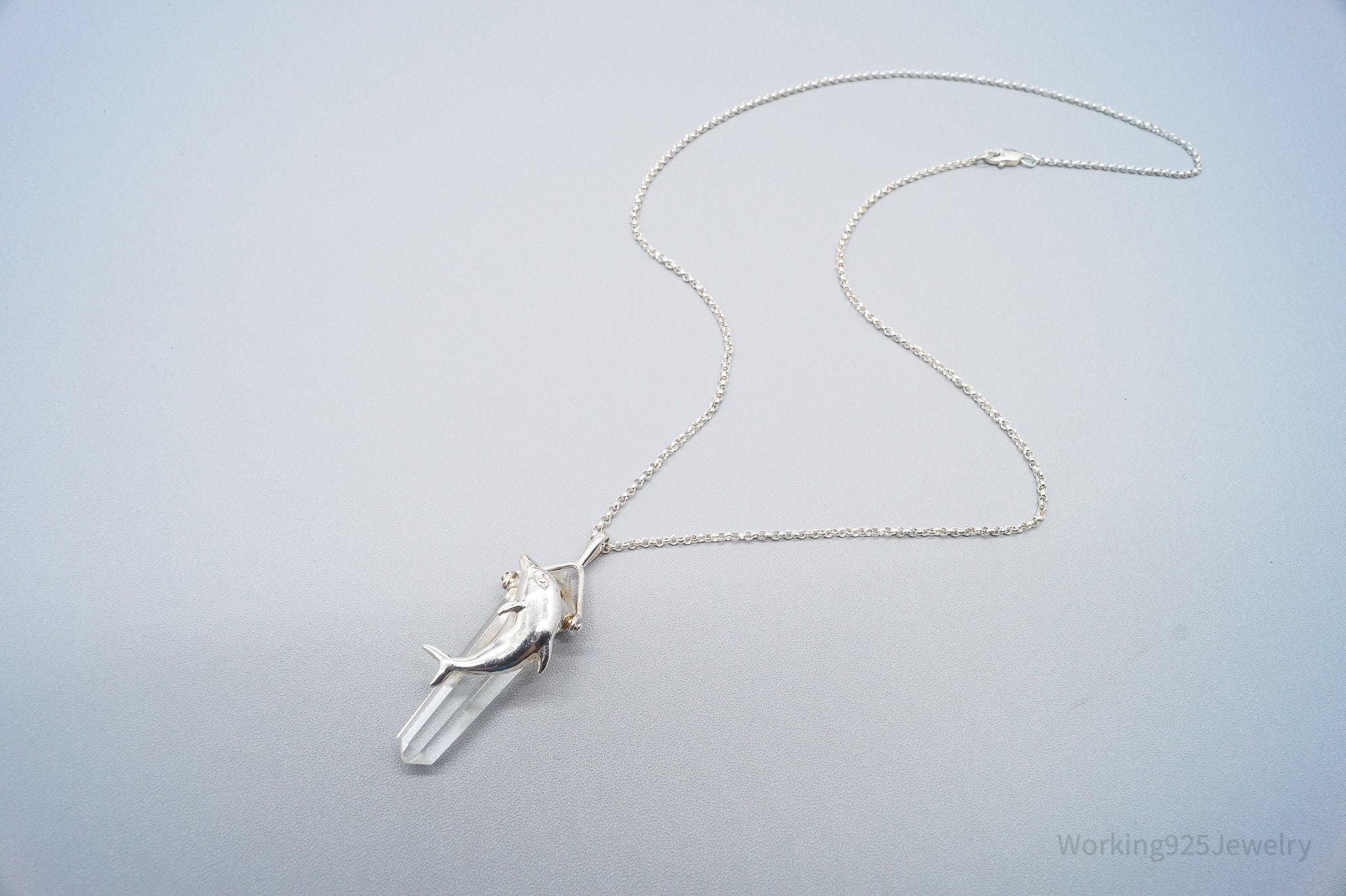 Vintage Dolphin & Crystal Sterling Silver Necklace 18"